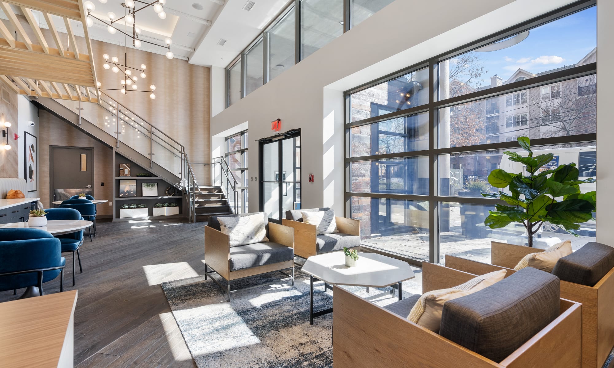 Resident lobby in Stamford, Connecticut, at Sofi at 50 Forest