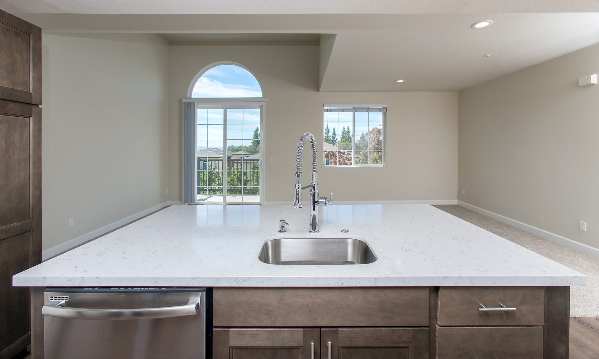 kitchen sink overlooking living area at The Boulders at Fountaingrove in Santa Rosa, California