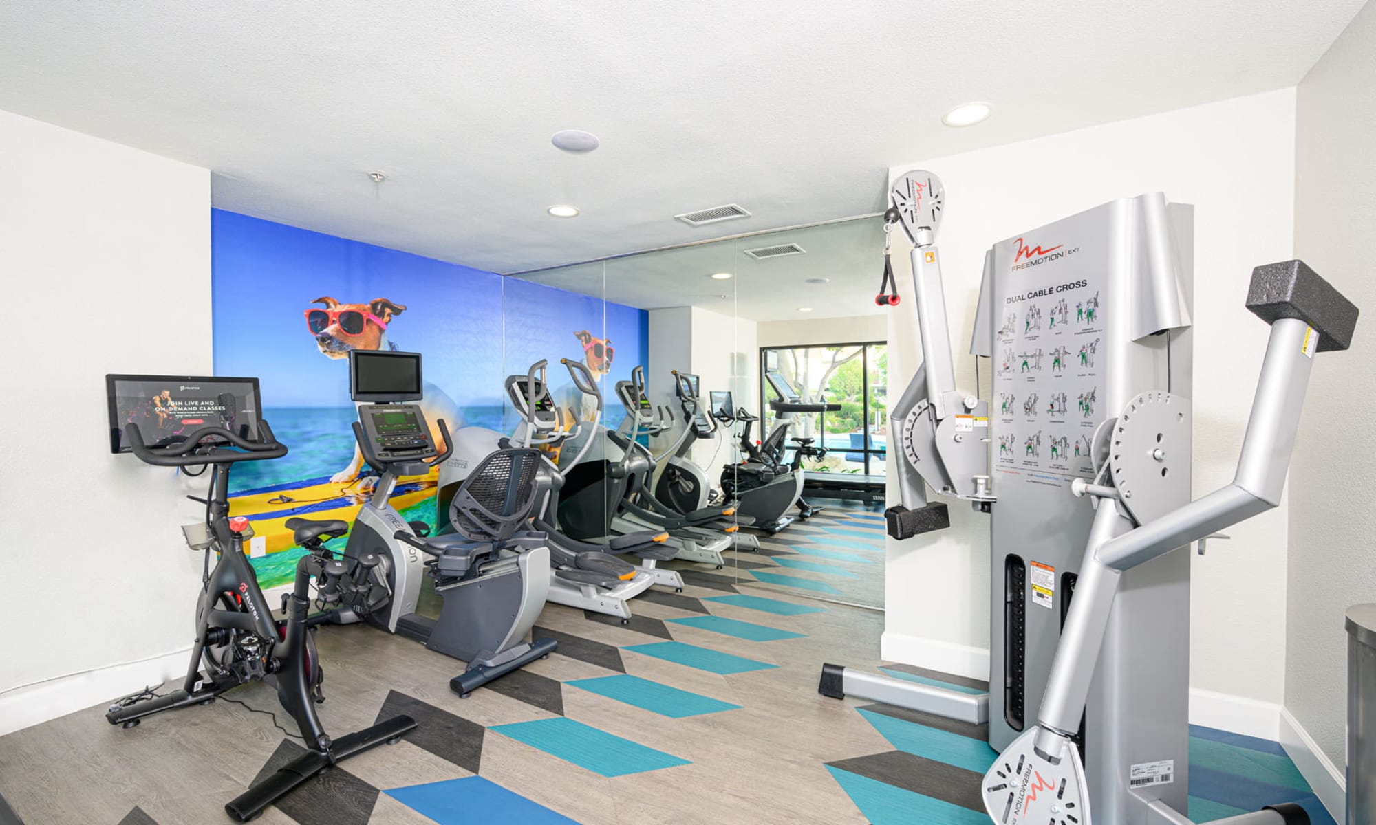 Well-equipped onsite fitness center at Pleasanton Place Apartment Homes in Pleasanton, California