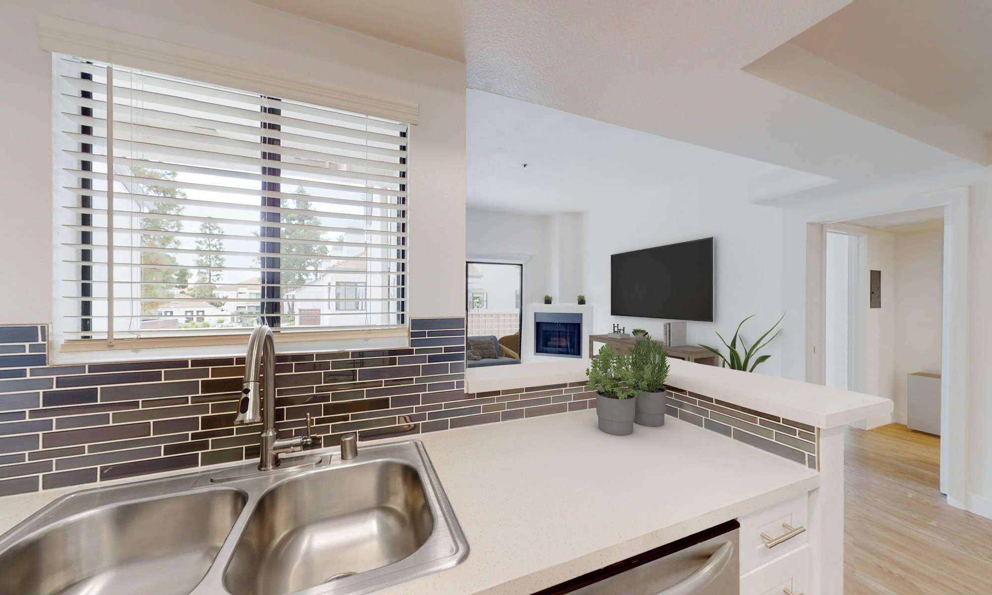 Newly remodeled kitchen with subway tile in Sendero one-bedroom in Huntington Beach