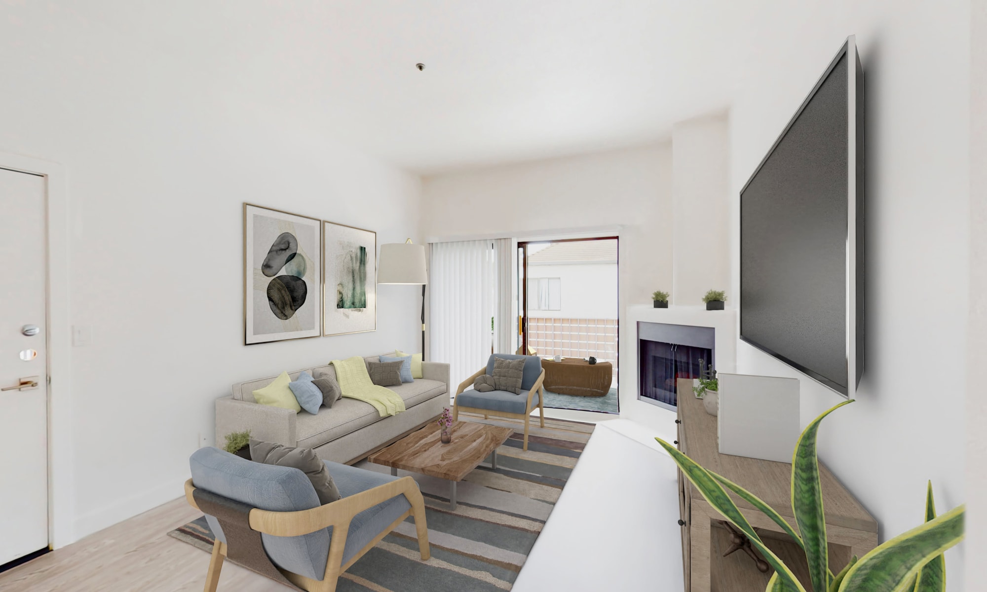 Modern, open, and light floor plan in living room of Sendero one-bedroom