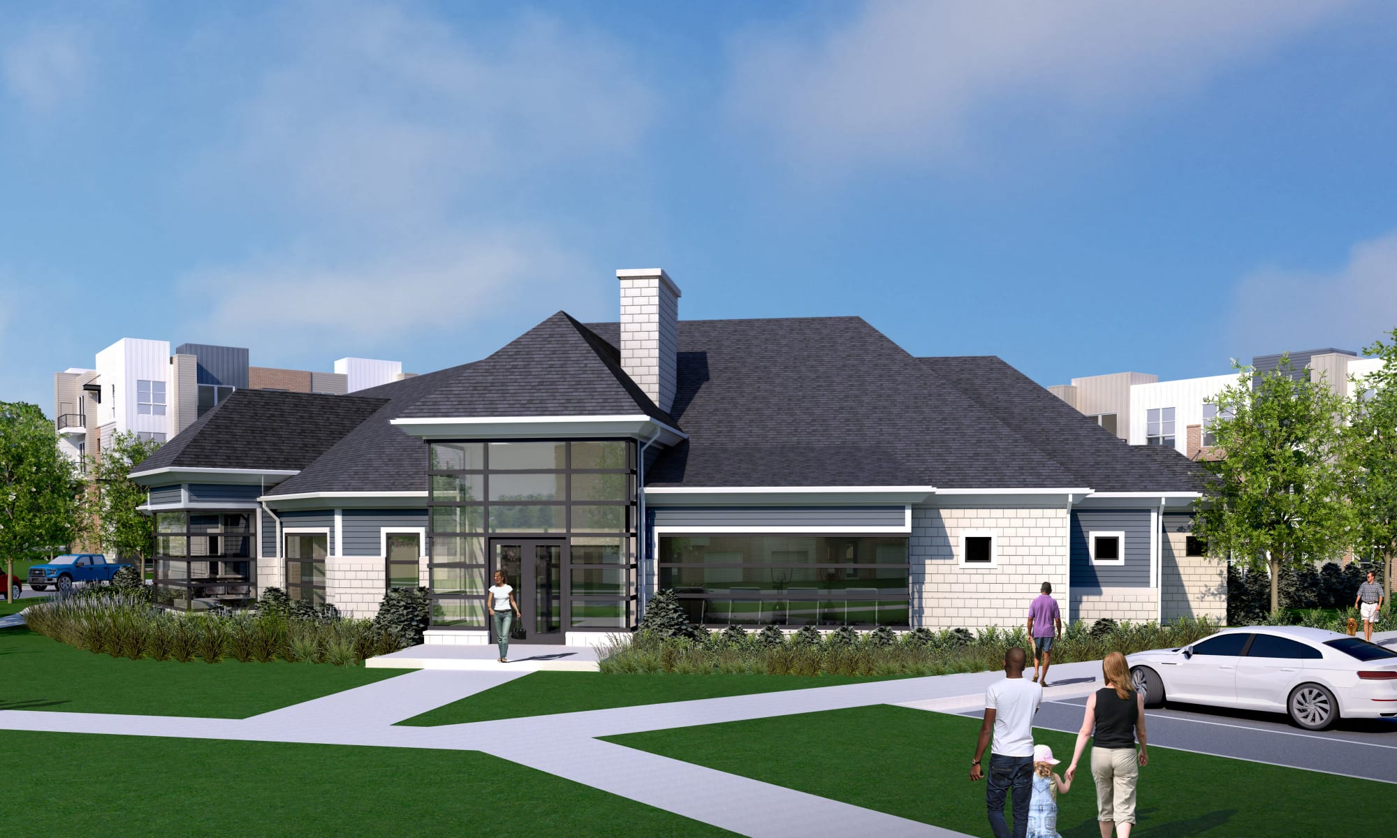 Rendering of the exterior of the leasing office at Innova in Novi, Michigan