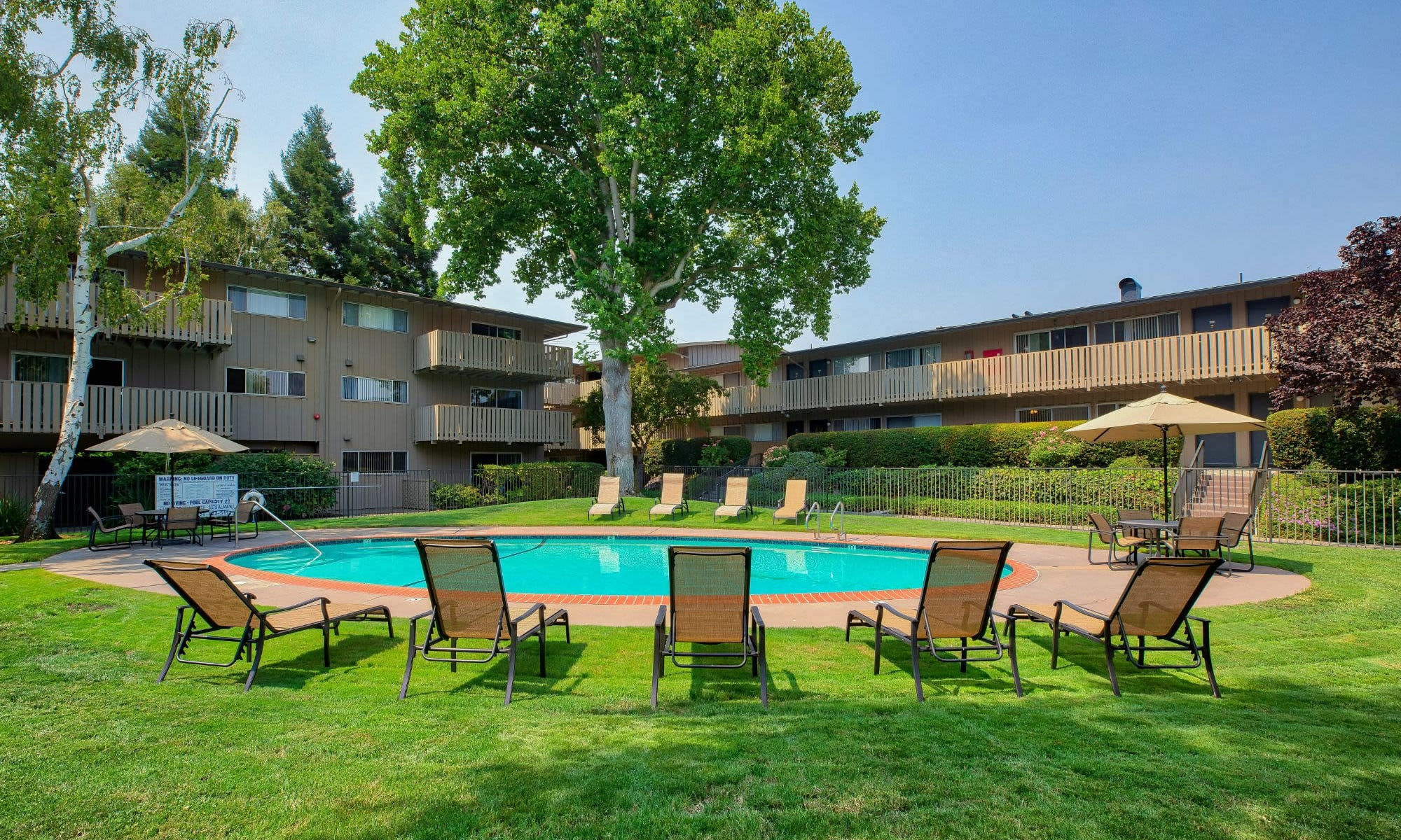 Pool area at Stanford Villa Apartment Homes in Palo Alto, California