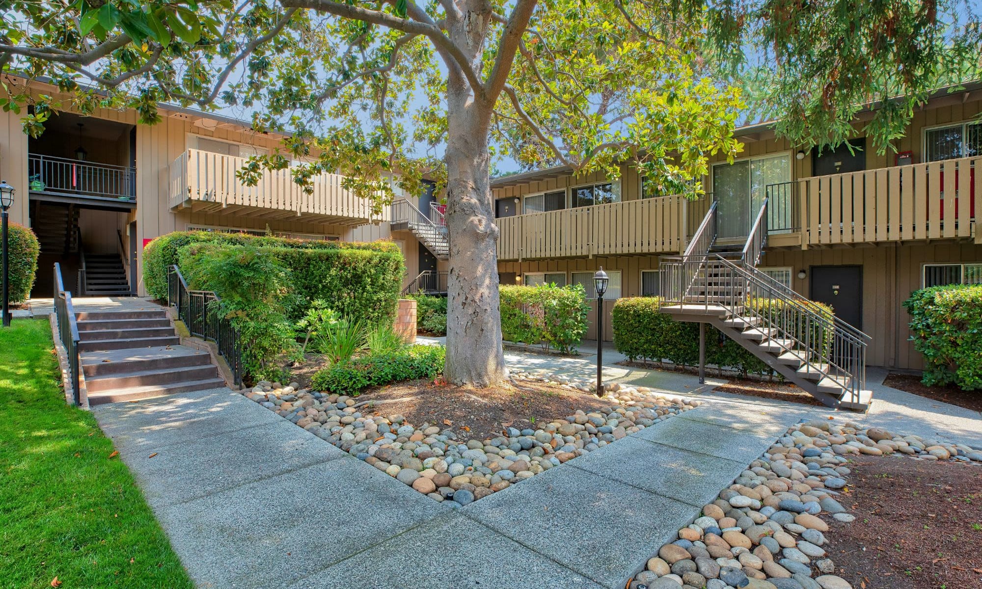 Outdoor common area at Stanford Villa Apartment Homes in Palo Alto, California