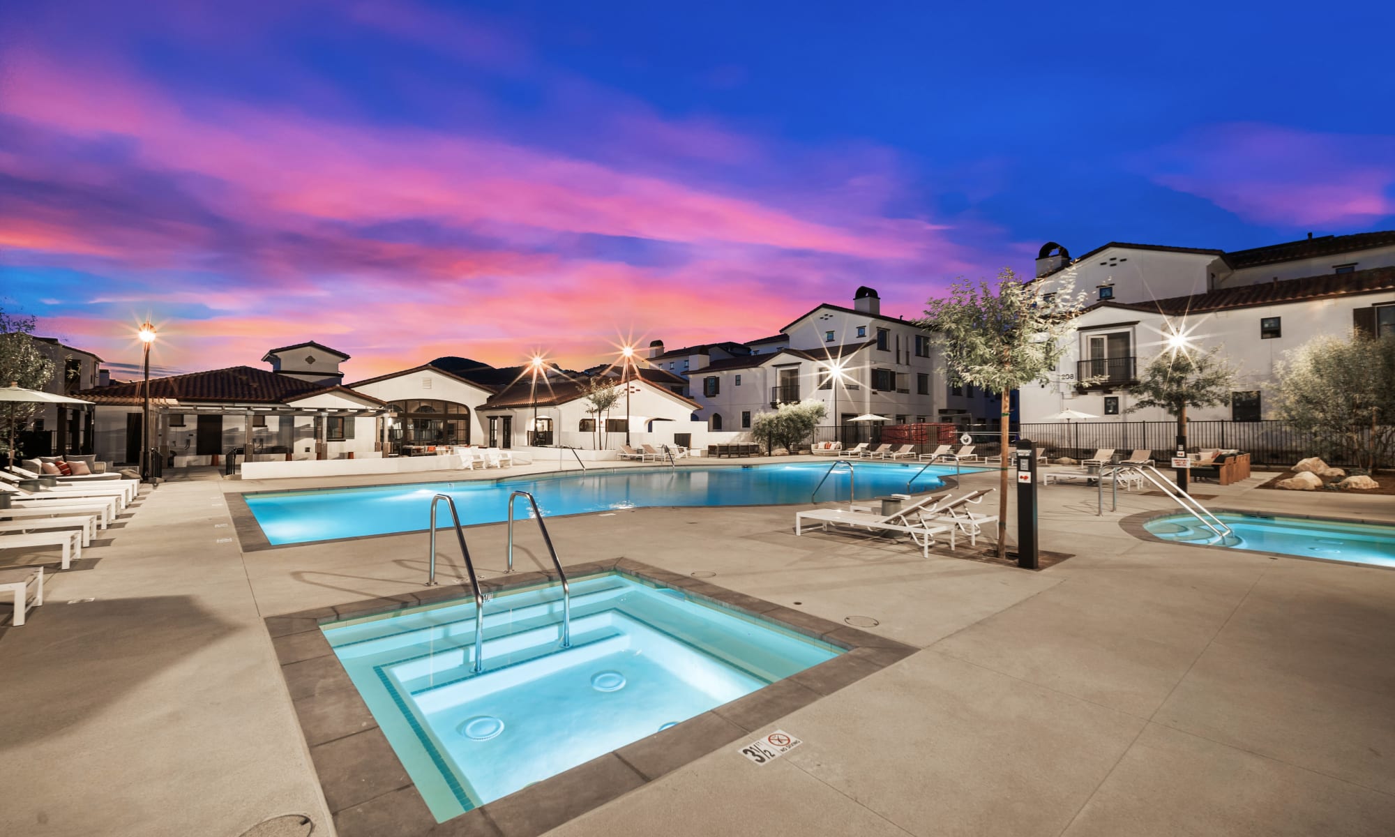 Beautiful sunset over the spa and pool at The Villas at Anacapa Canyon in Camarillo, California