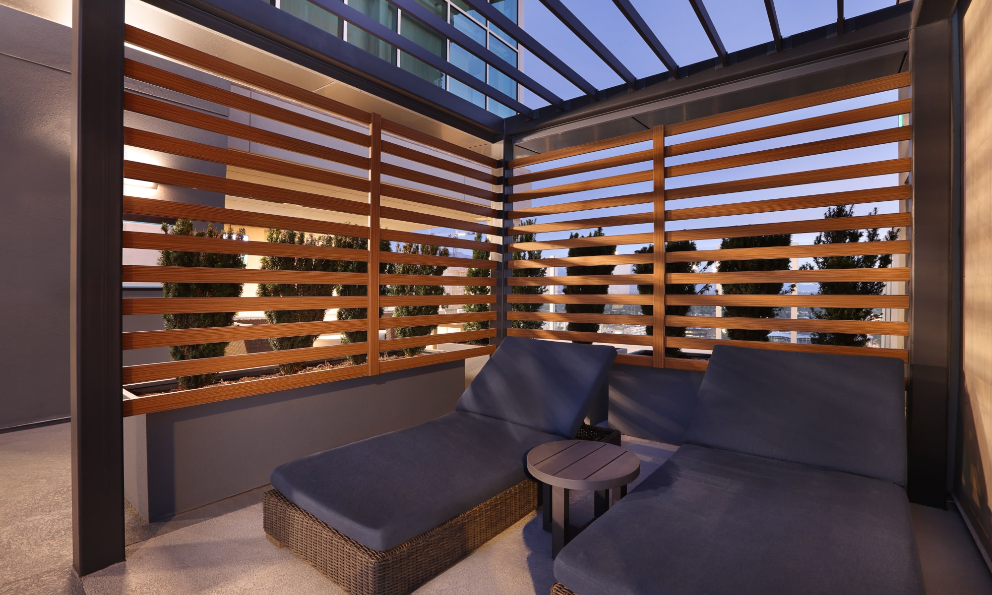 Pool cabana with navy cushions at Luxury high-rise community of Liberty SKY in Salt Lake City, Utah 