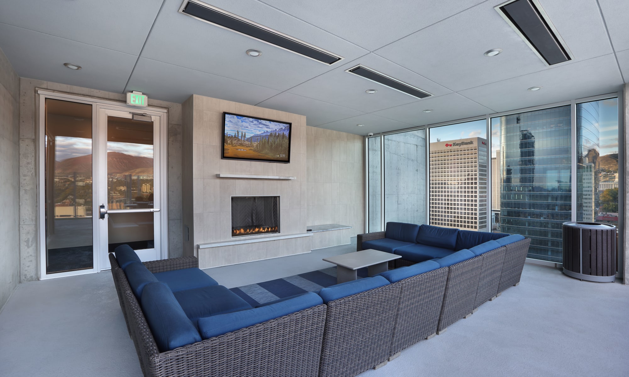 21st floor rooftop lounge with fireplace and television at Luxury high-rise community of Liberty SKY in Salt Lake City, Utah