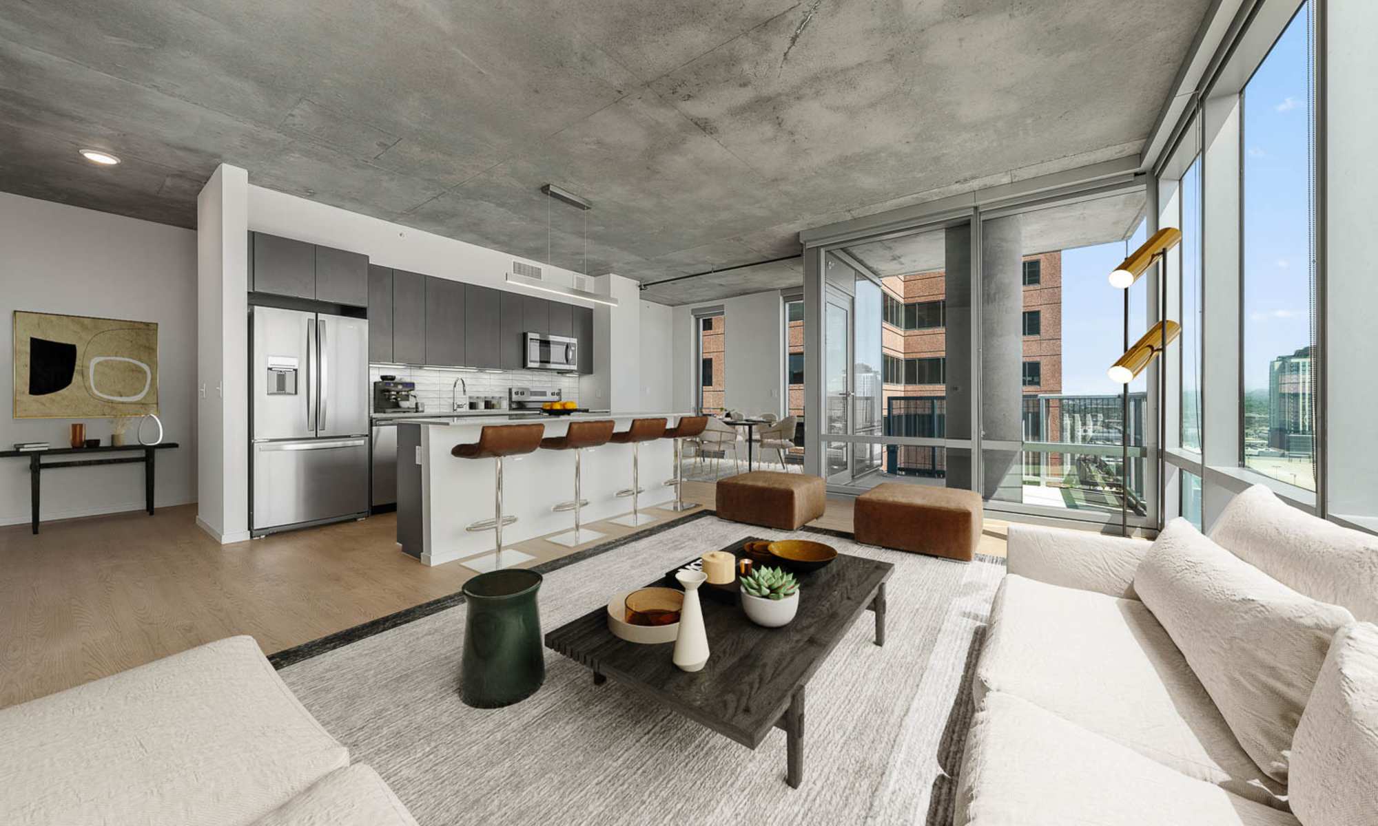Living room and kitchen of PALMtower in Phoenix, Arizona