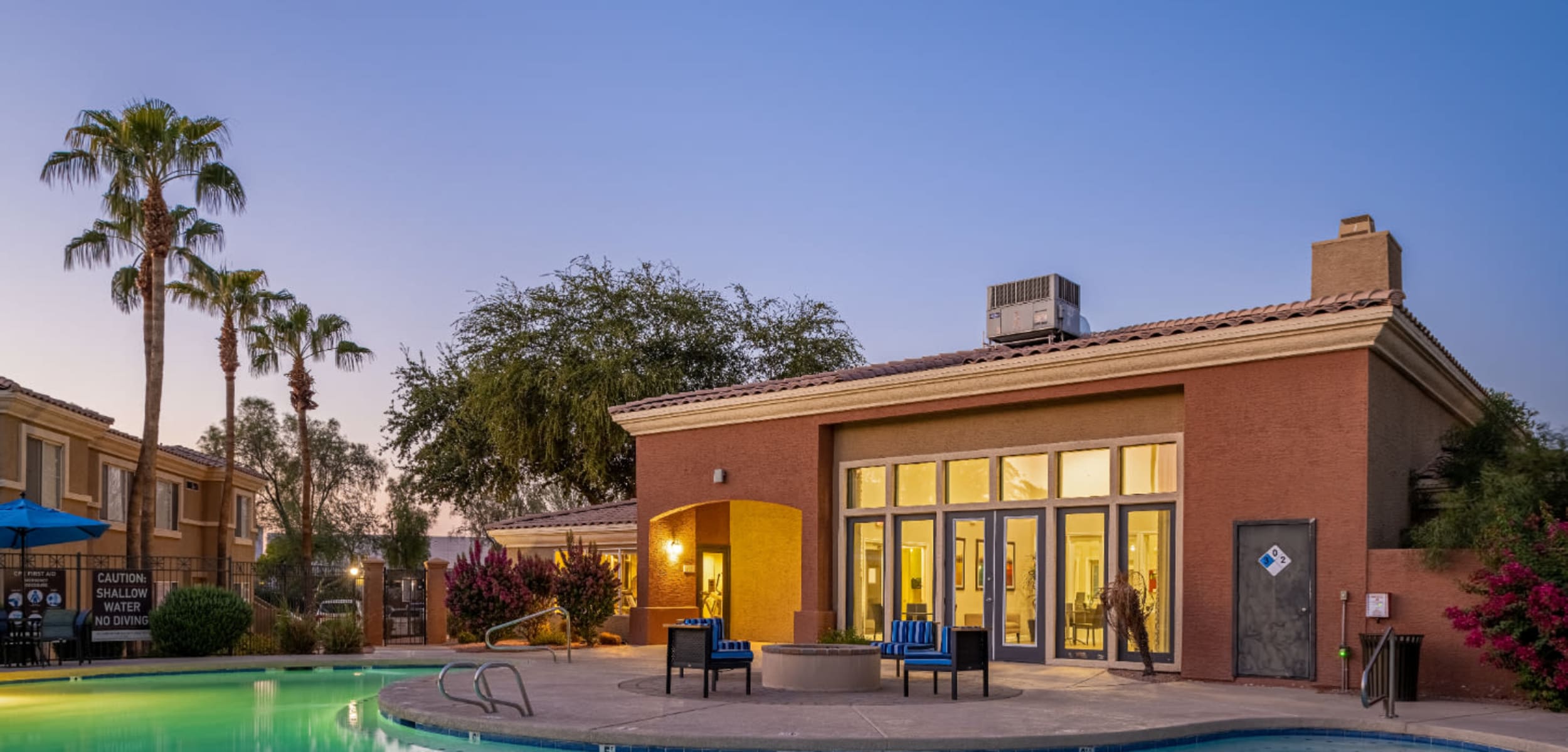 Clubhouse and pool at sunset at Alante at the Islands in Chandler Arizona,