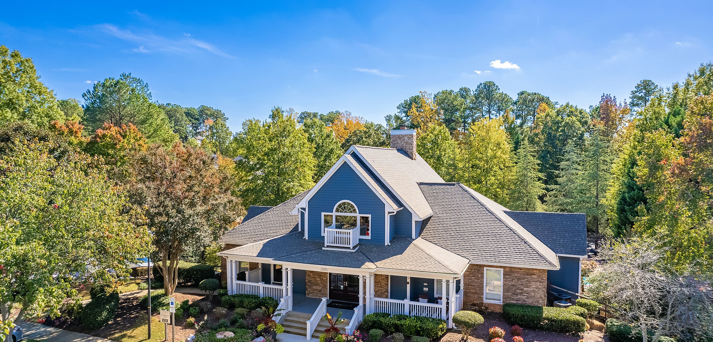 Aerial view of exterior at Marquis on Edwards Mill in Raleigh, North Carolina