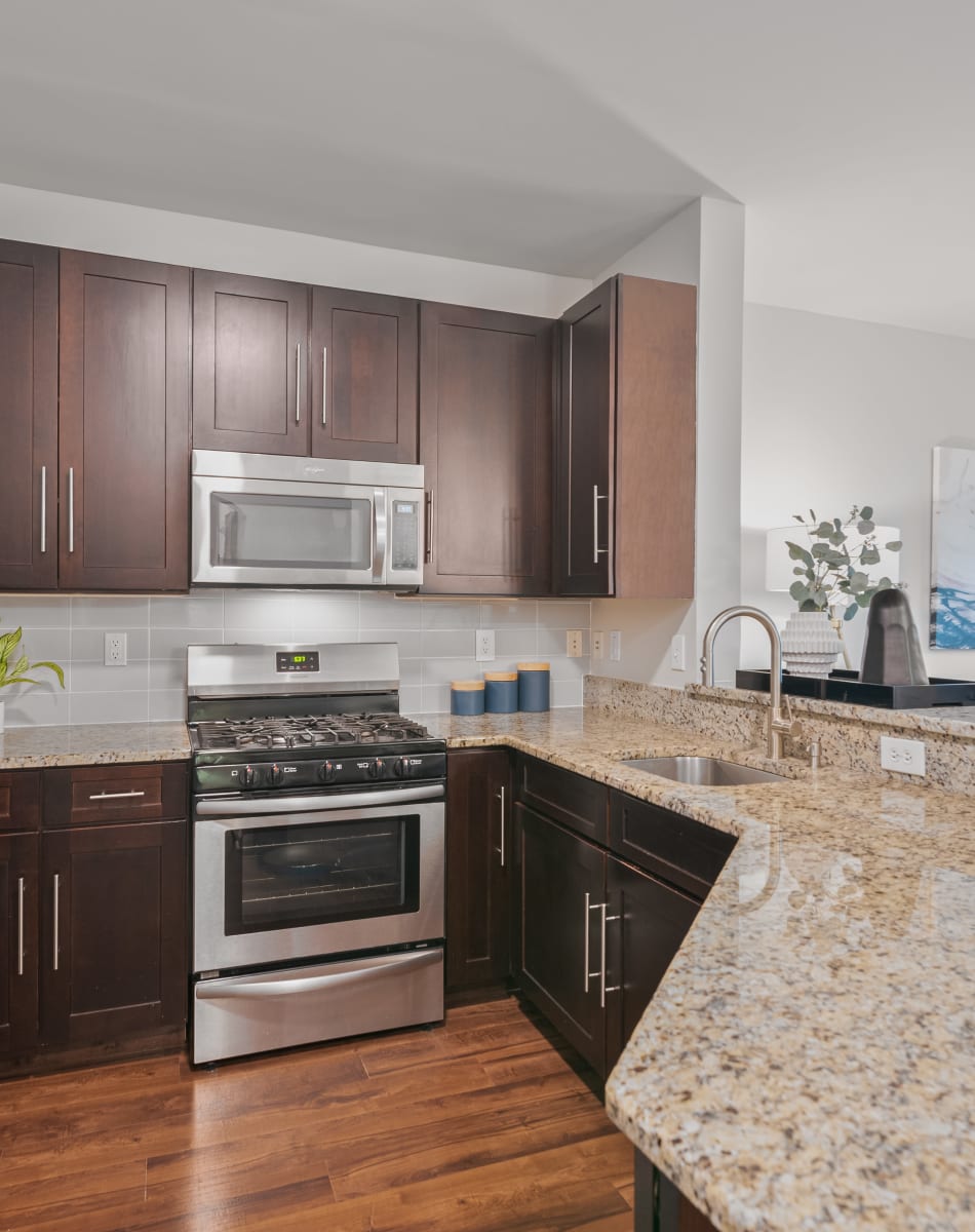 Kitchen area in a model home at Sofi Gaslight Commons in South Orange, New Jersey