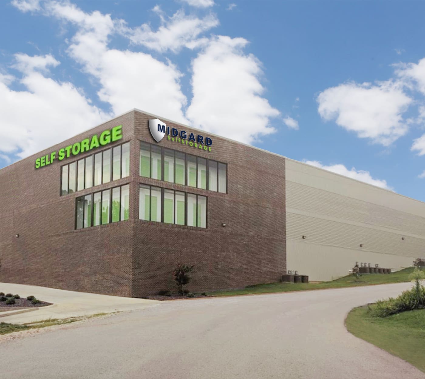 Large driveway at Midgard Self Storage in Florence, Alabama
