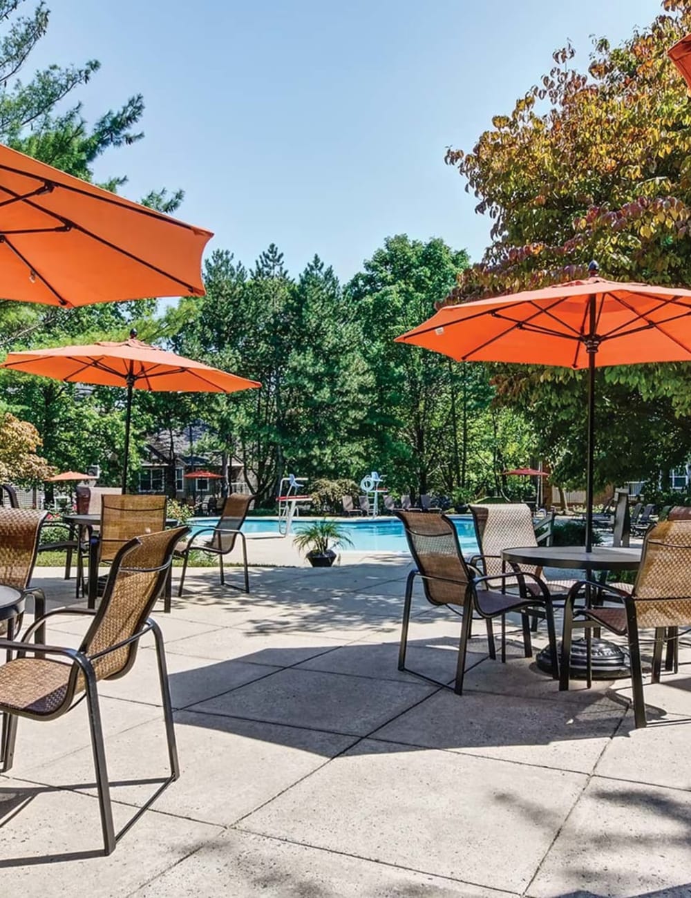 Covered poolside seating at Hunt Club in Gaithersburg, Maryland