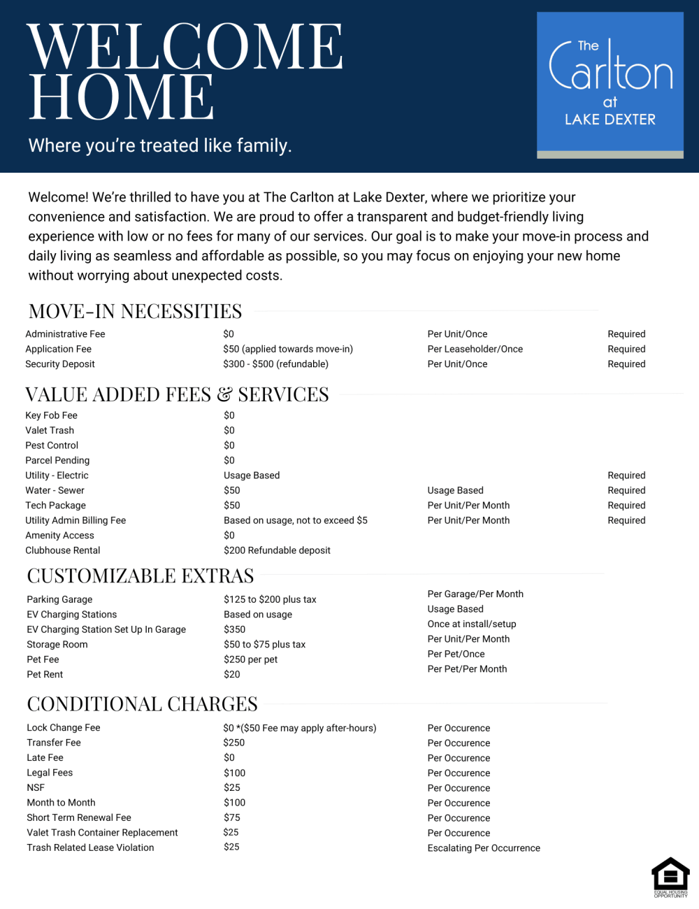 Fee guide at The Carlton At Lake Dexter in Winter Haven, Florida