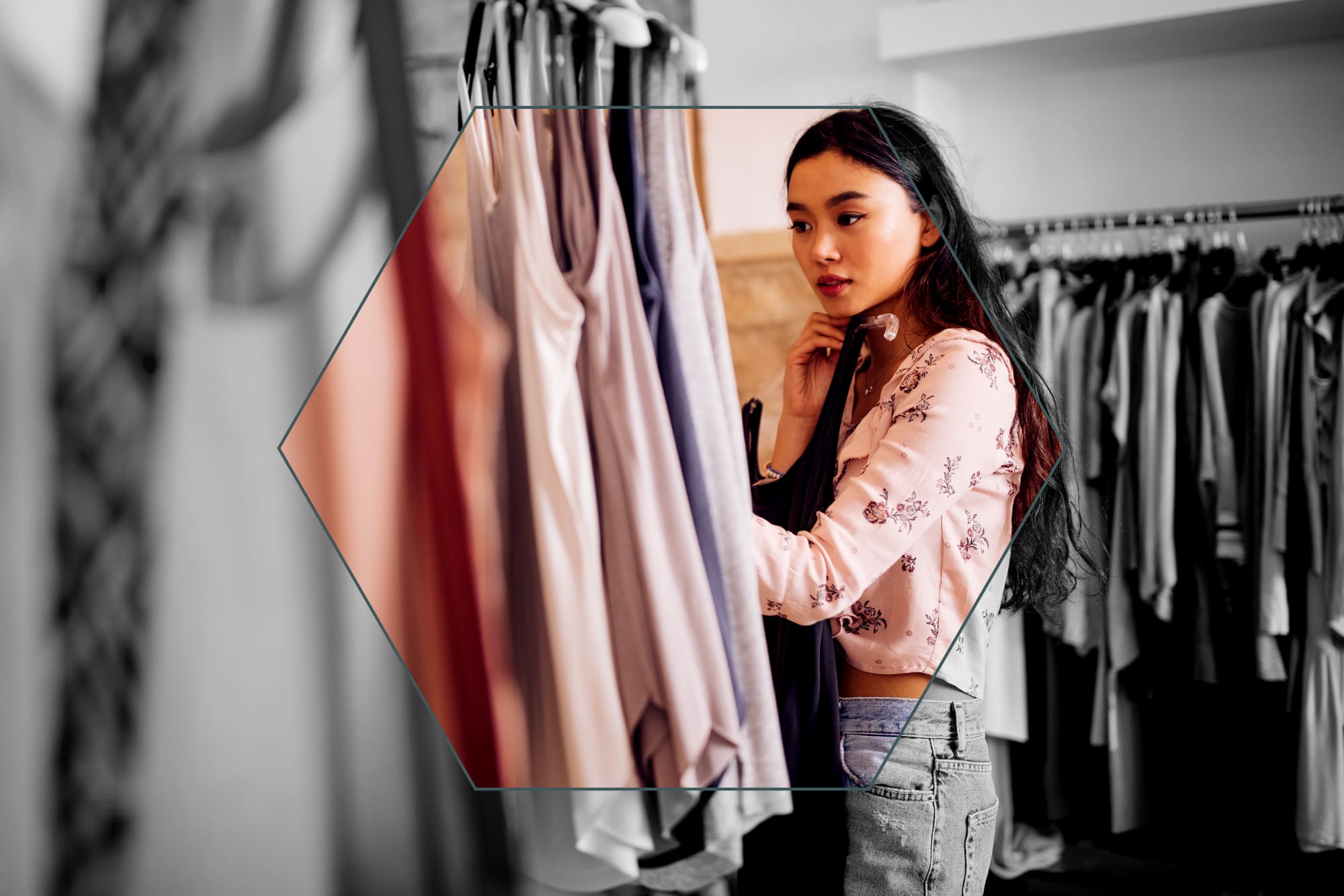 Woman looking through her closet at Alta Trinity Green in Dallas, Texas
