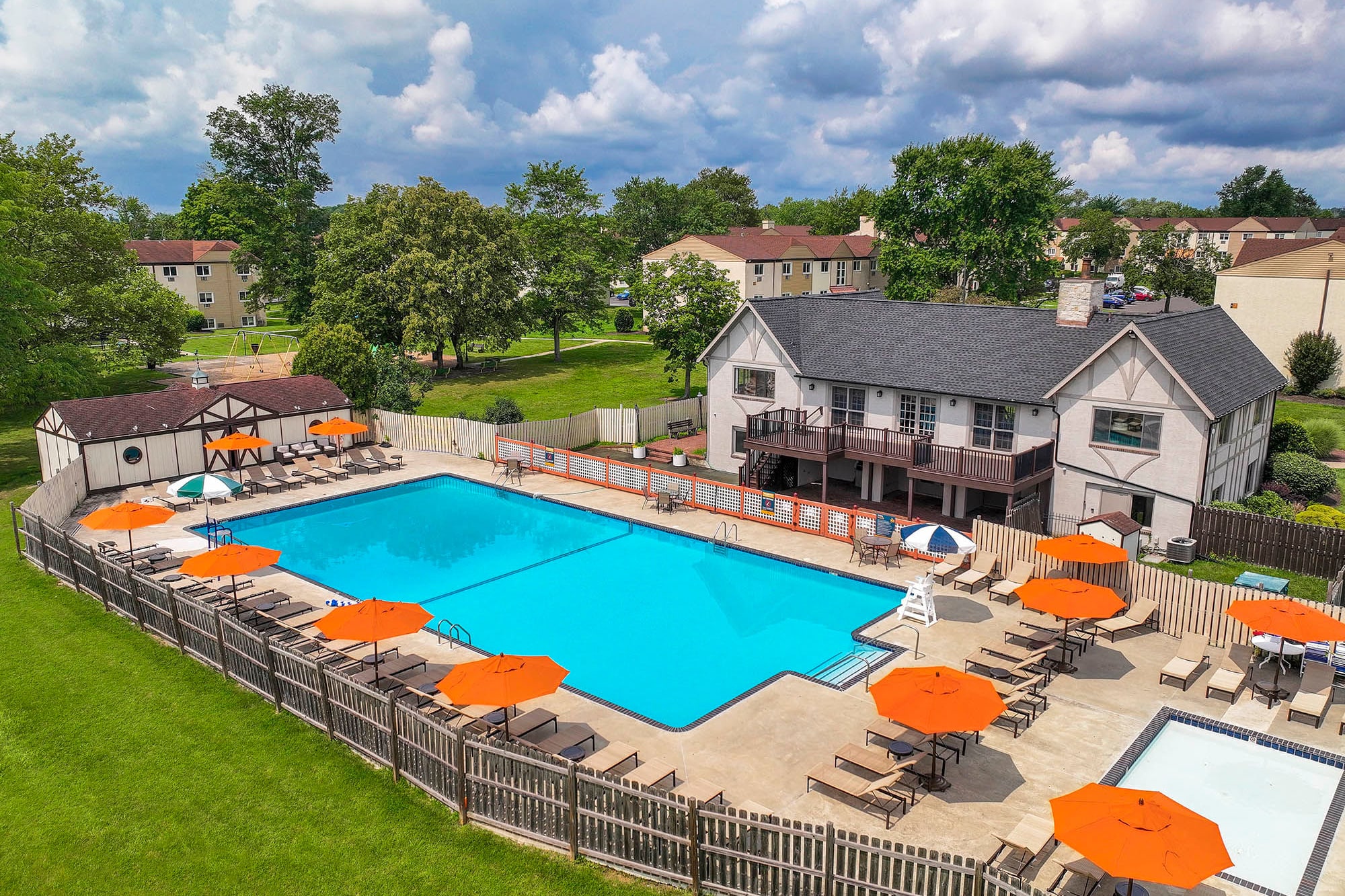 aerial view of the clubhouse and pool at The Addison, North Wales, Pennsylvania