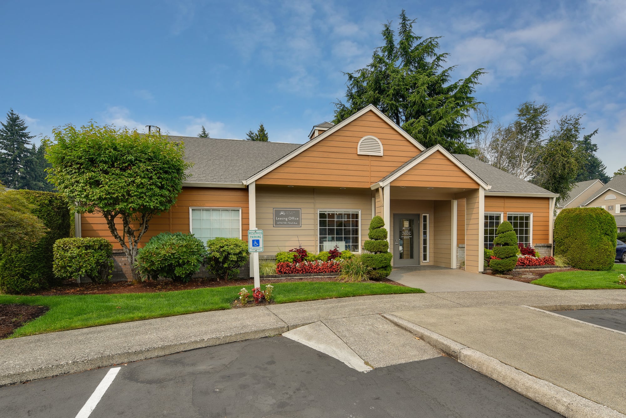 The exterior of the leasing office at Carriage House Apartments in Vancouver, Washington
