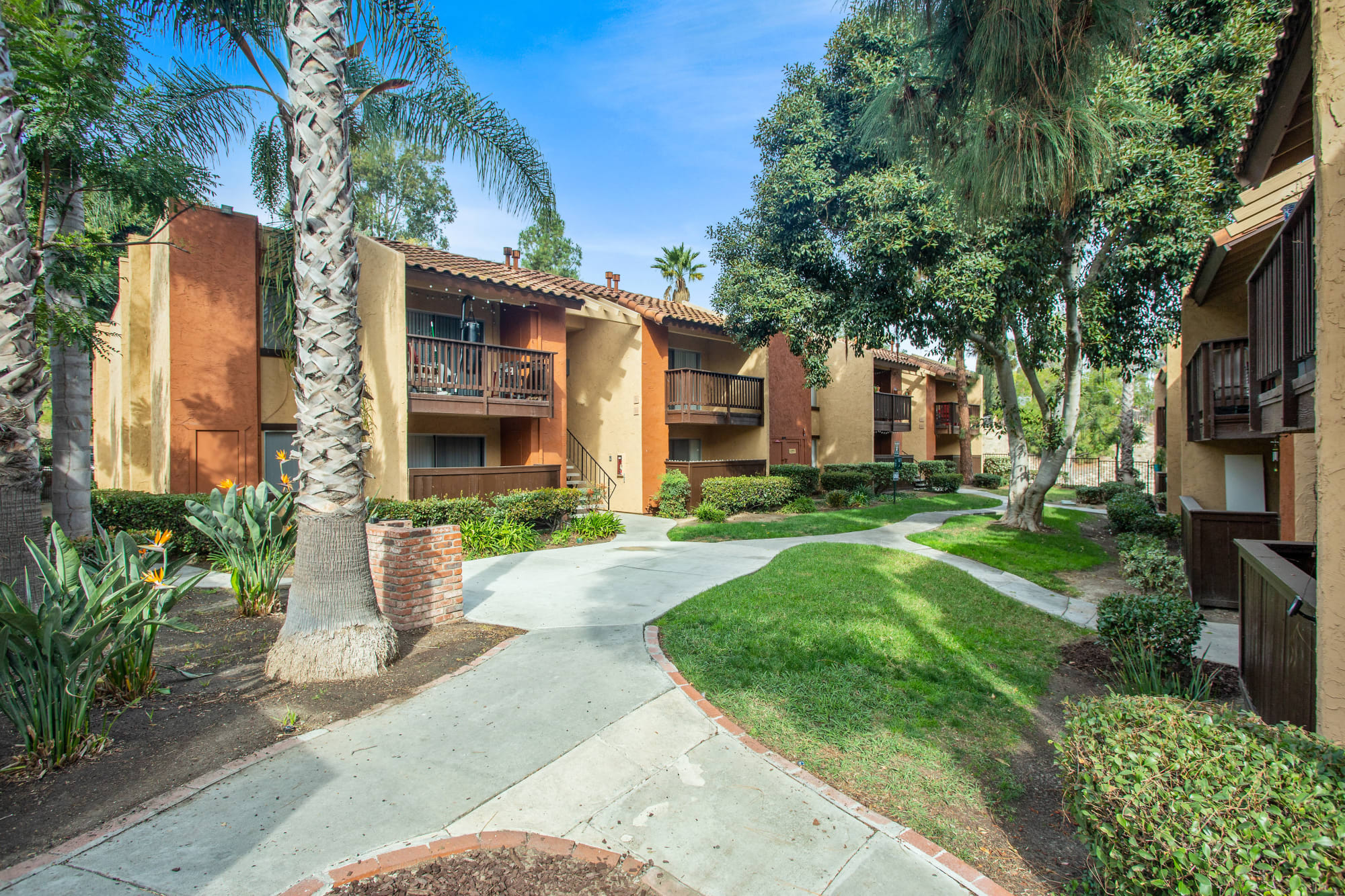 Walkway and community courtyard area at Shadow Ridge Apartments in Oceanside, California