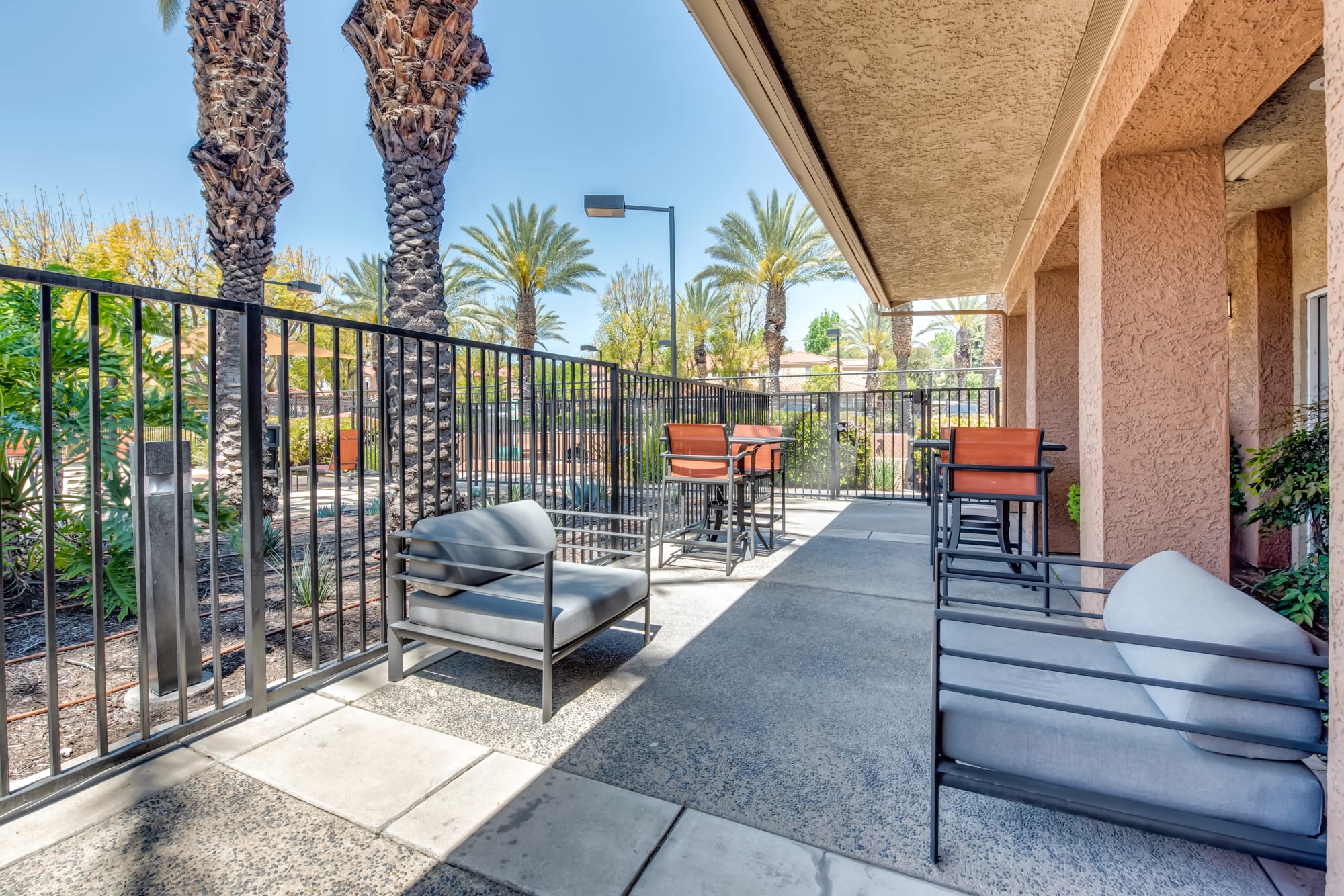 Outdoor wifi lounge area at Tuscany Village Apartments in Ontario, California