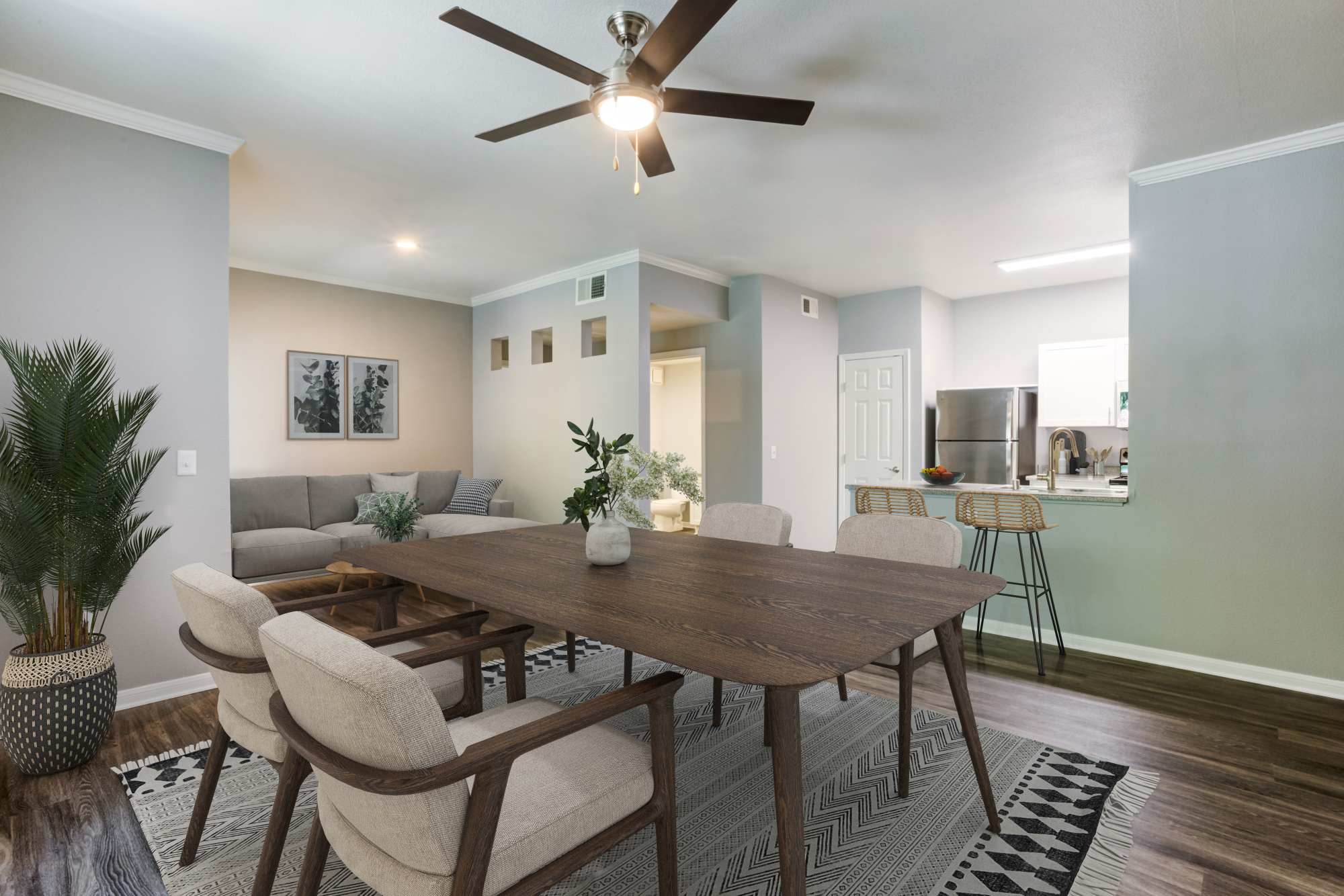 Dining area with ceiling fan at Miramonte and Trovas in Sacramento, California