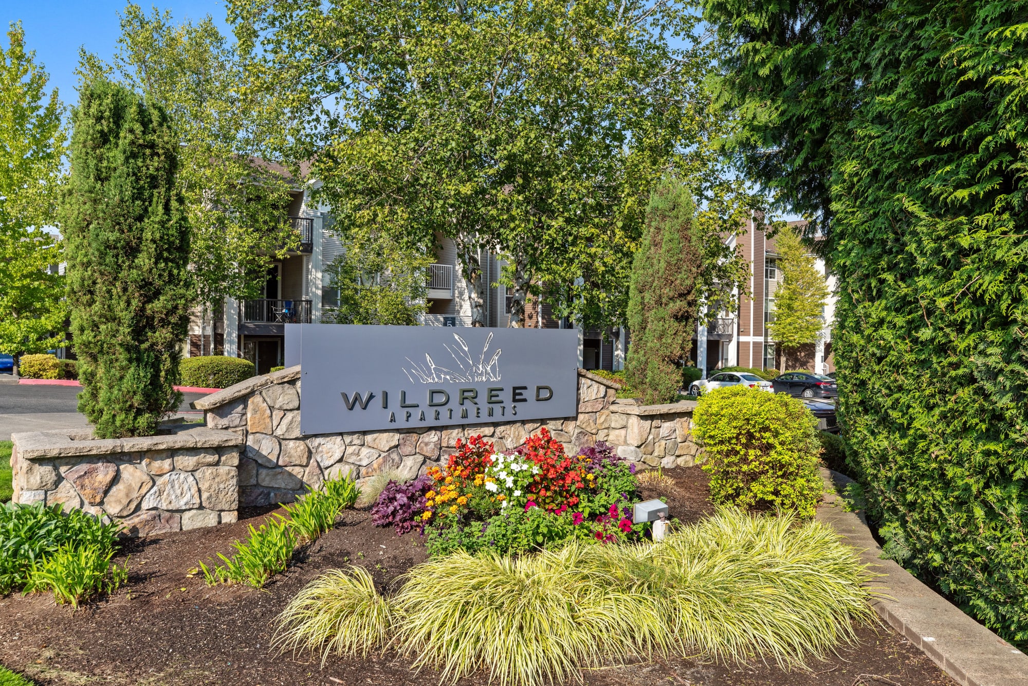 Monument sign at Wildreed Apartments in Everett, Washington