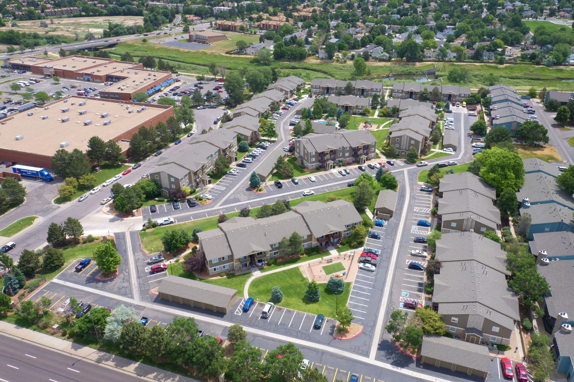 An aerial view of Crossroads at City Center Apartments in Aurora, Colorado