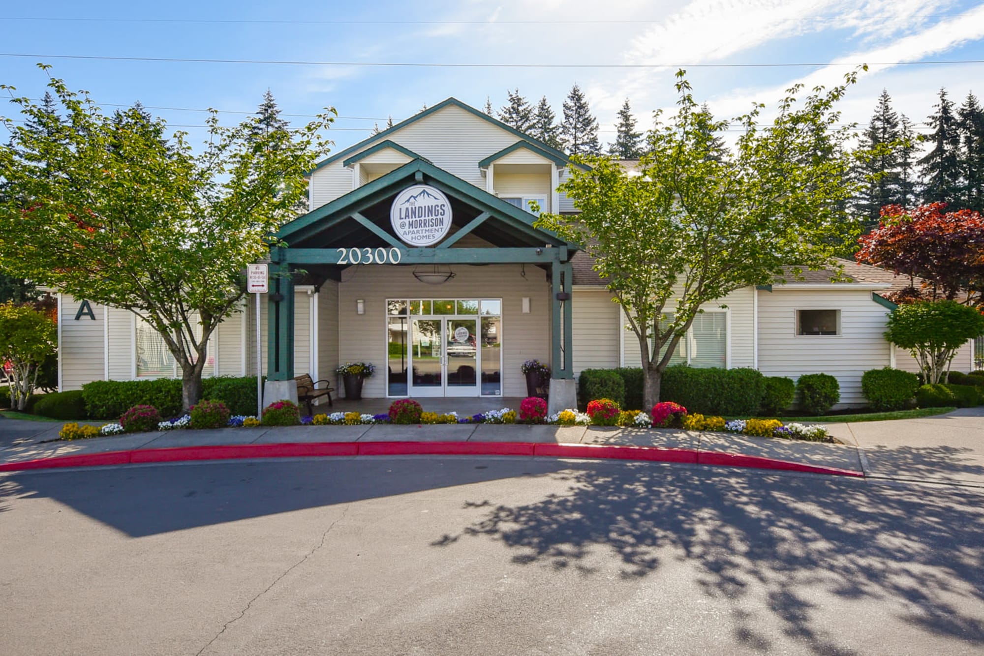 The front of the leasing office at The Landings at Morrison Apartments in Gresham, Oregon