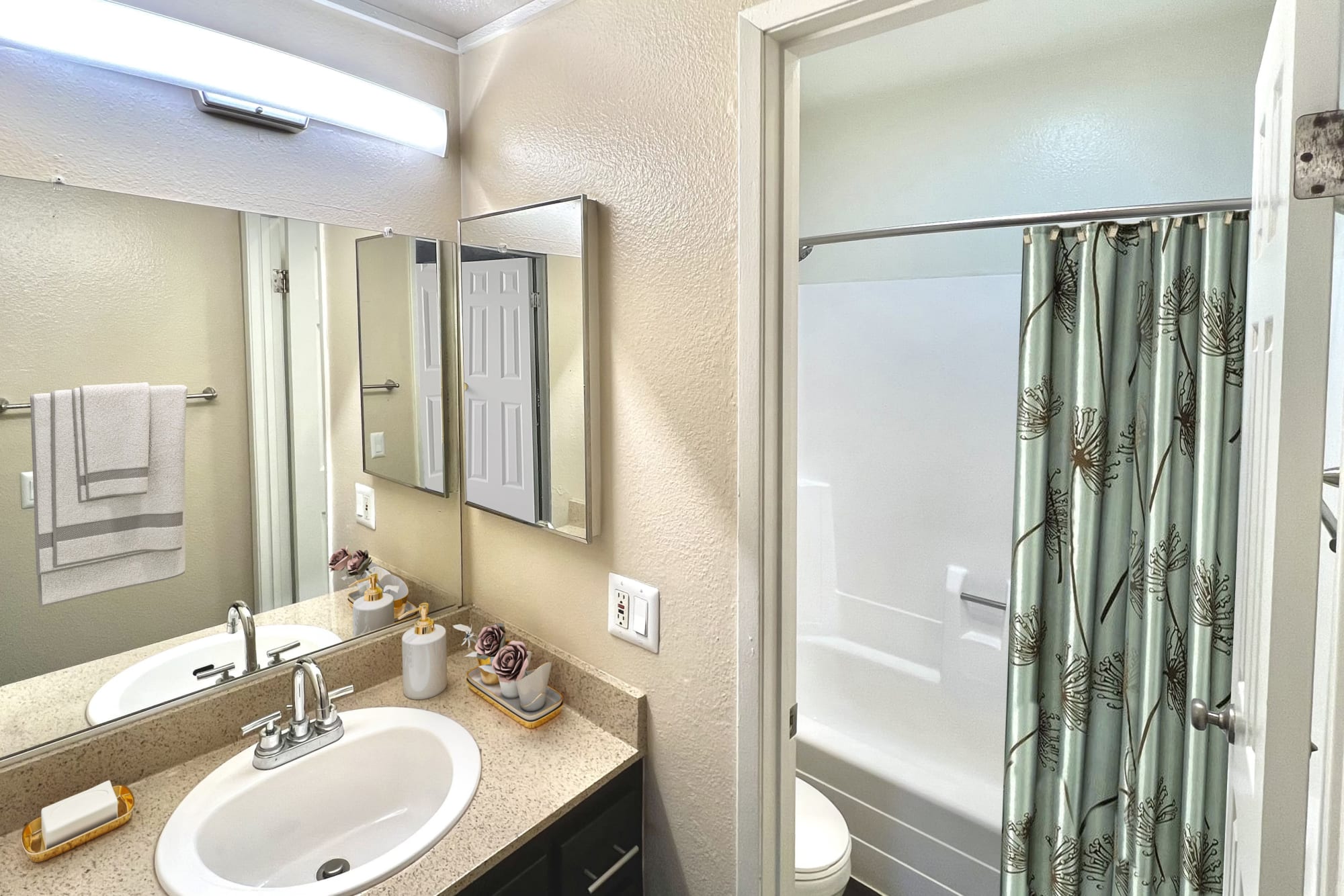 Brown bathroom renovation at Shadow Ridge Apartments in Oceanside, California