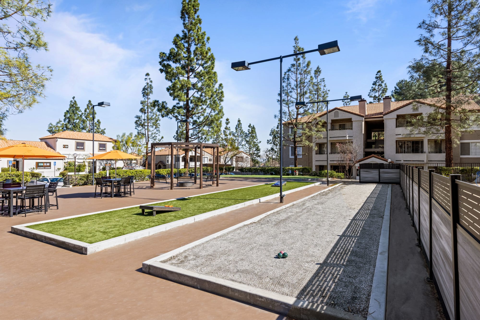 Bocce ball court at Sierra Del Oro Apartments in Corona, California