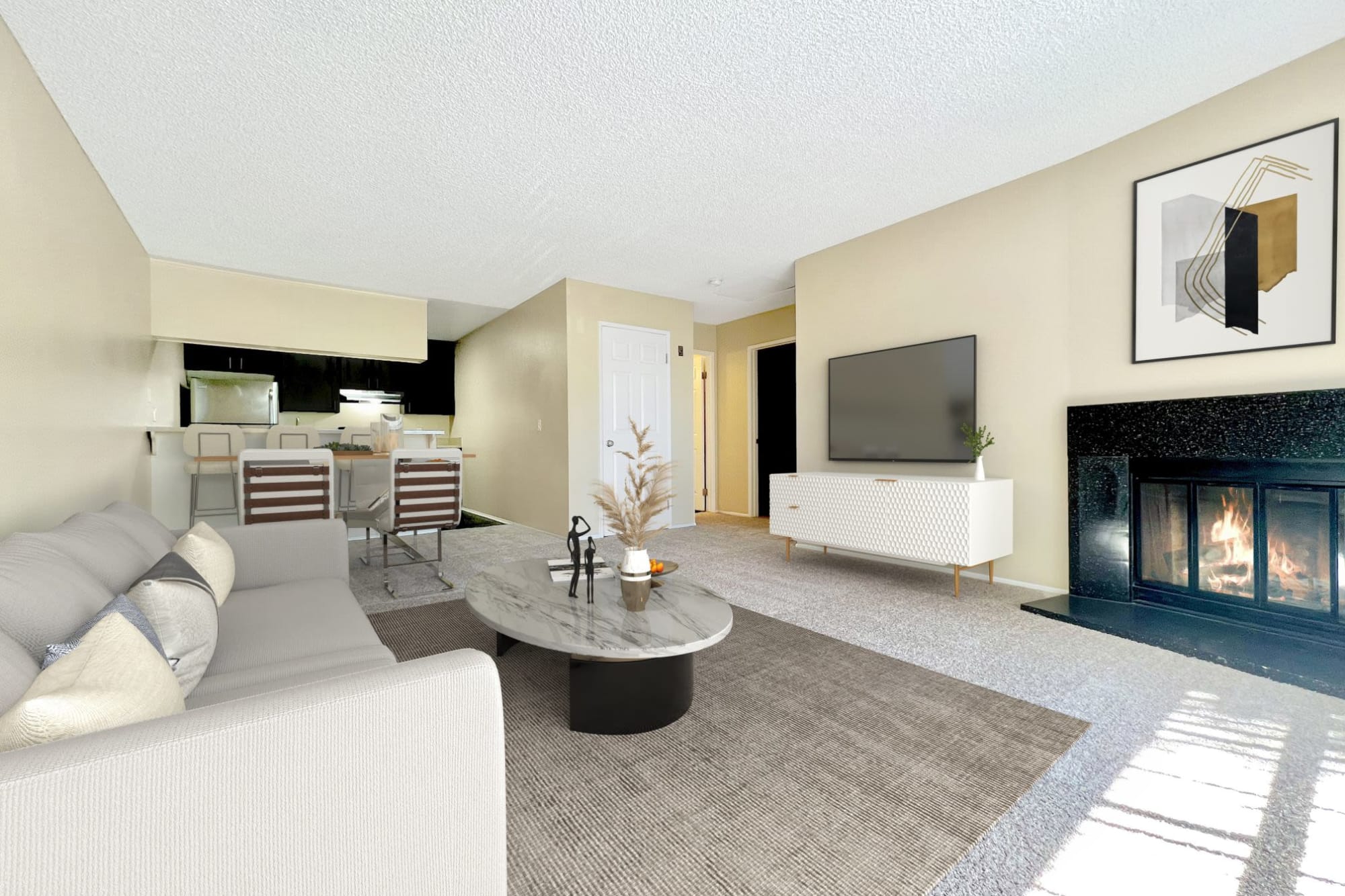 Spacious Living room with Fireplace at Hillside Terrace Apartments in Lemon Grove, California