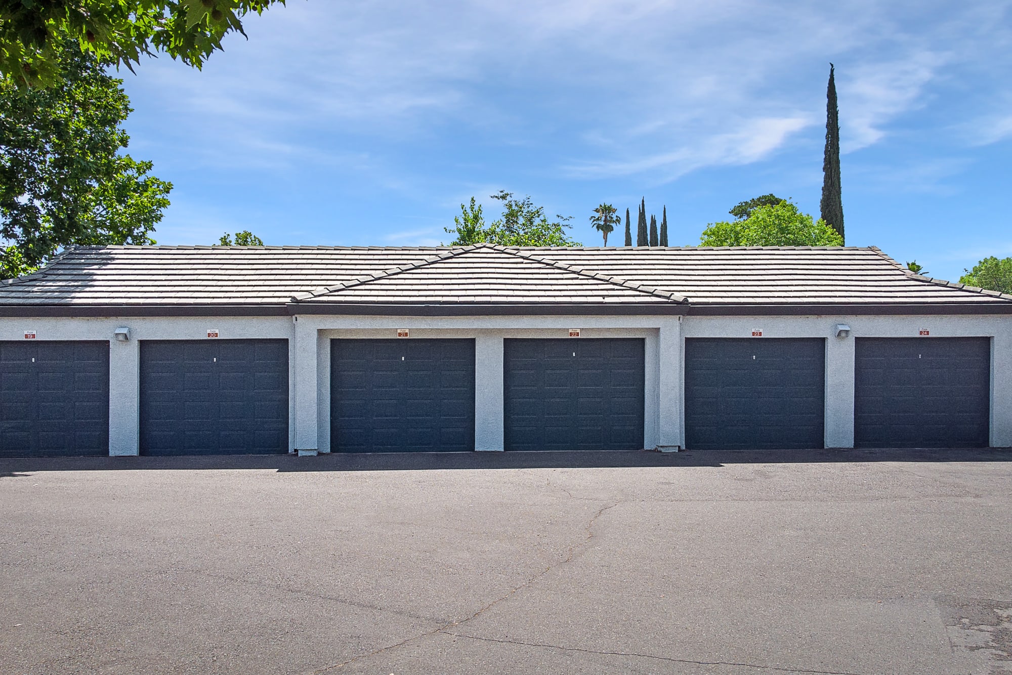 Outdoor garages at Avion Apartments in Rancho Cordova, California