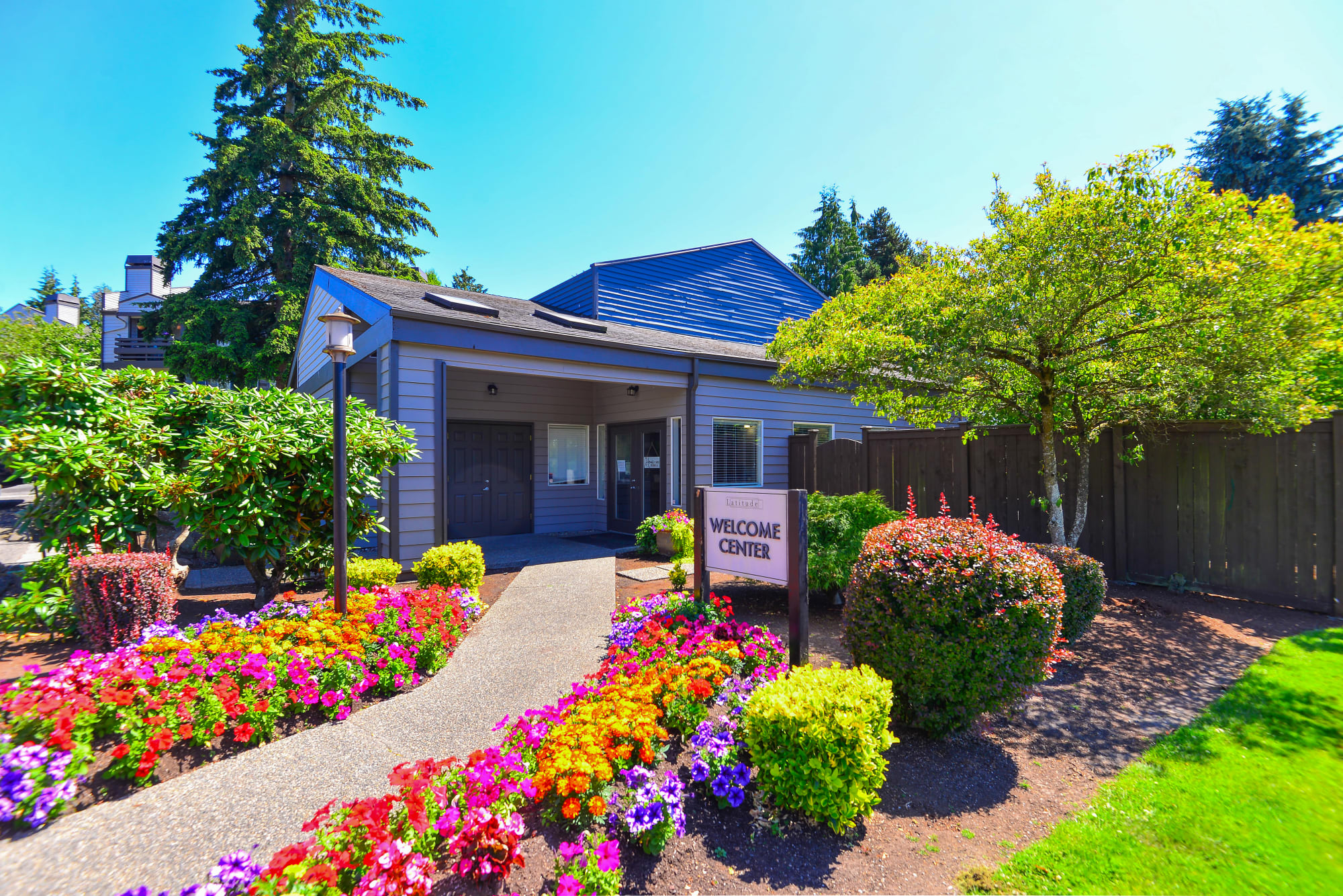 The exterior of the leasing office at Latitude Apartments in Everett, Washington