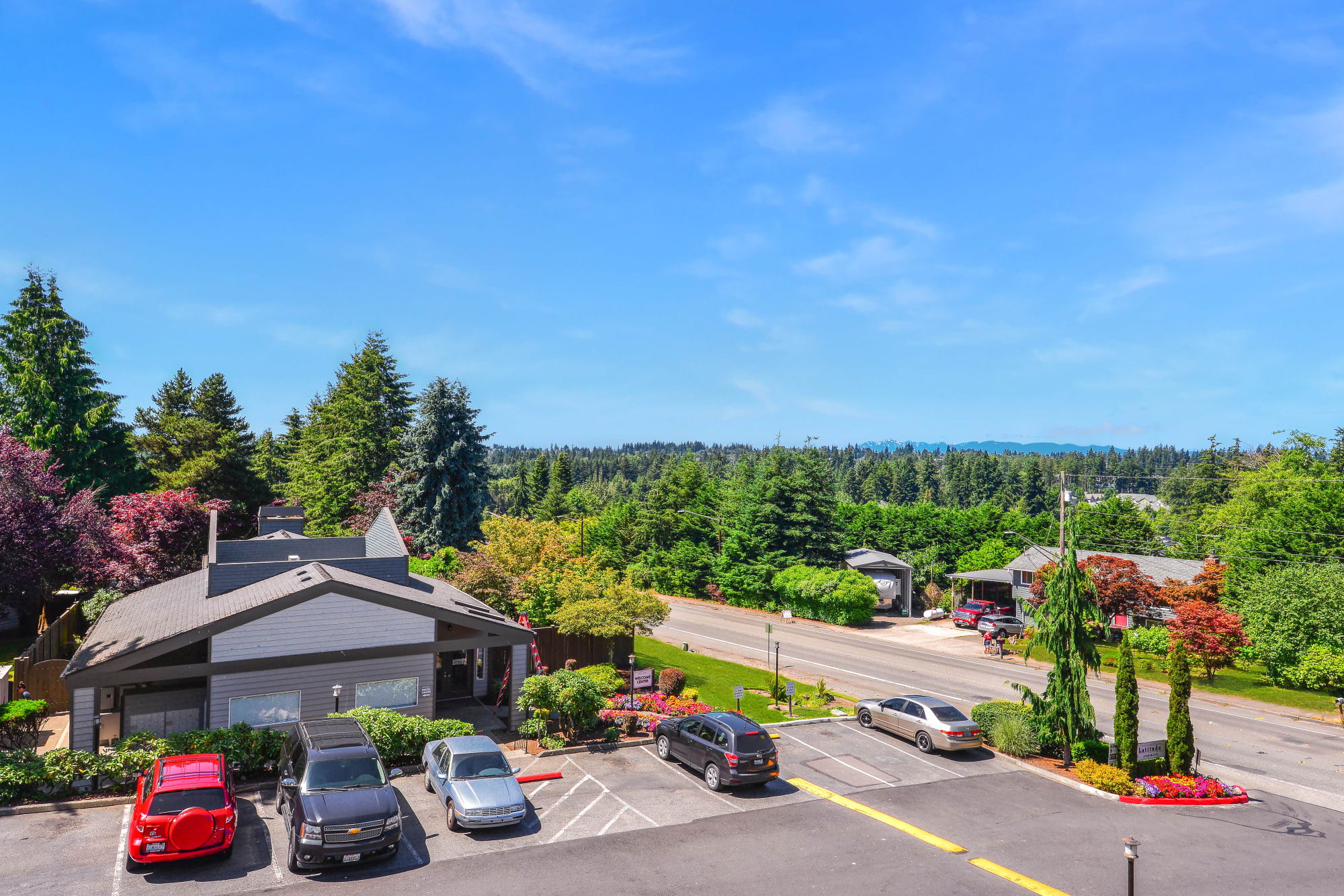 Aerial view of property and surrounding area at Latitude Apartments in Everett, Washington
