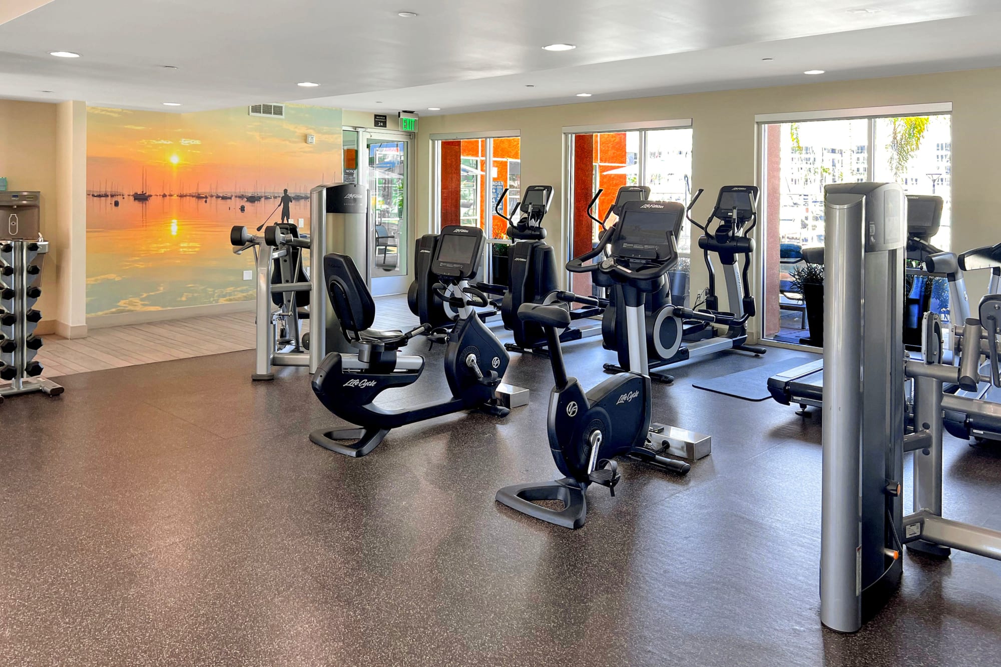 State-of-the-art fitness equipment at Harborside Marina Bay Apartments in Marina del Rey, California