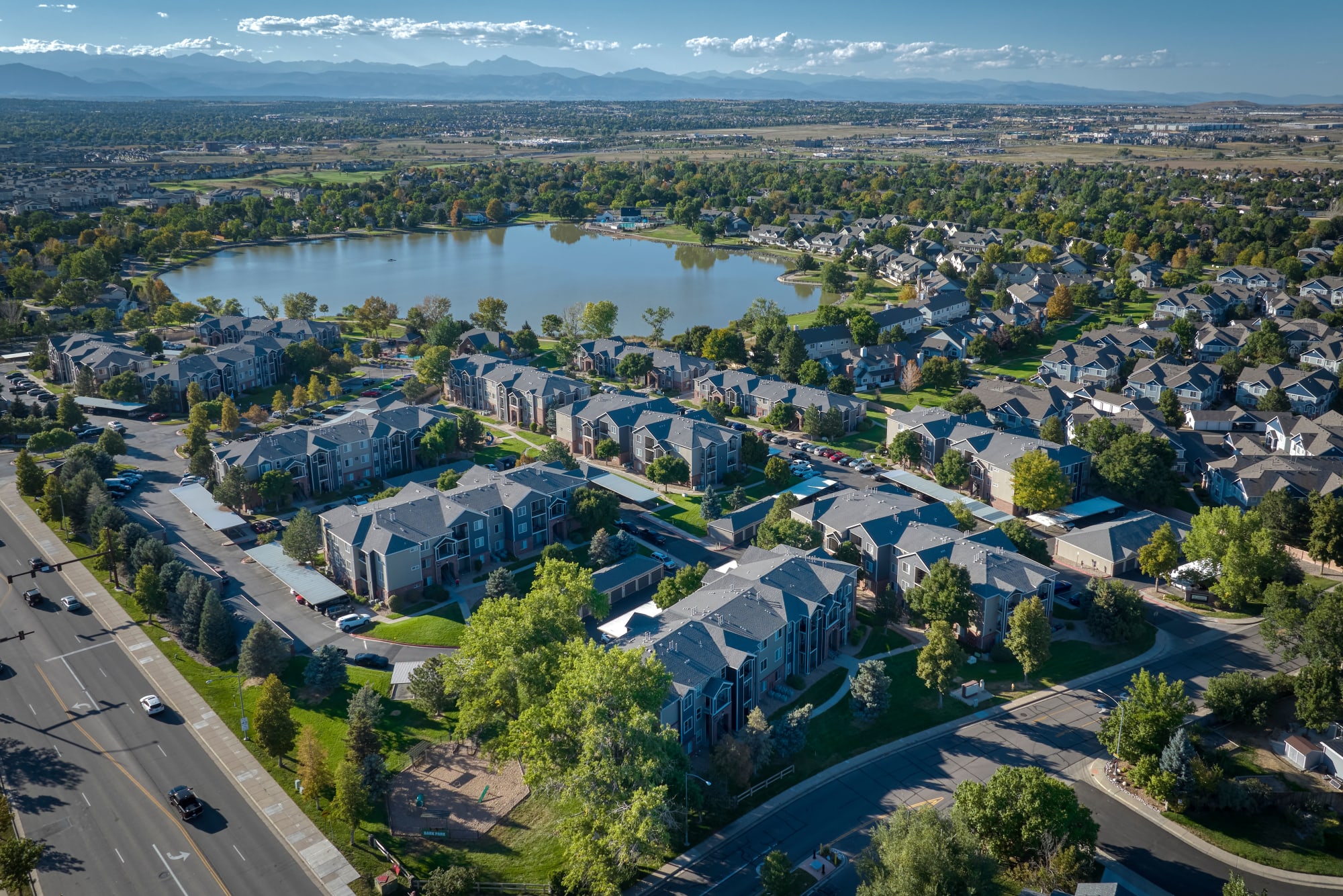Aerial View of Property and Lake at Promenade at Hunter's Glen Apartments in Thornton, Colorado