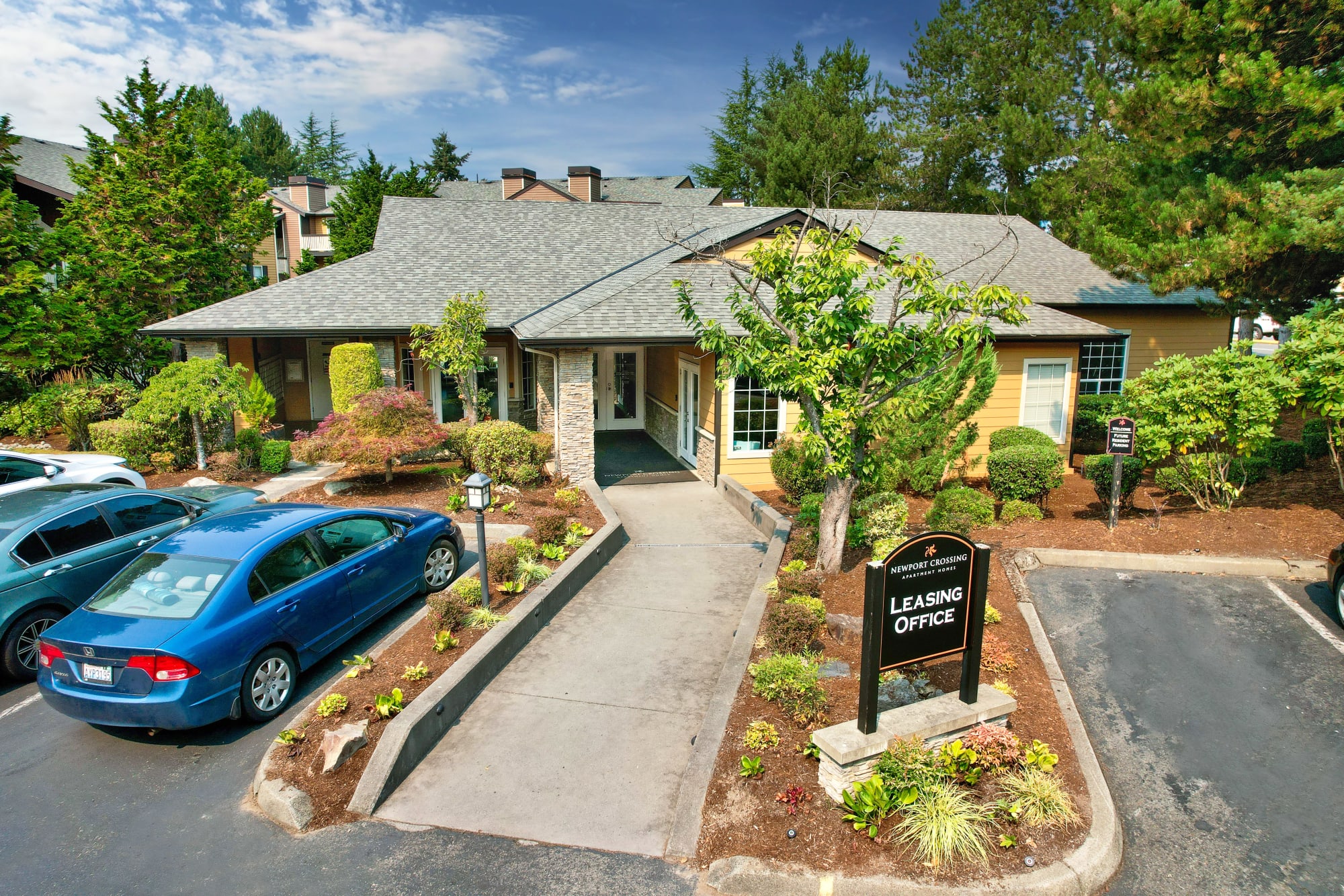 Leasing office entryway at Newport Crossing Apartments in Newcastle, Washington