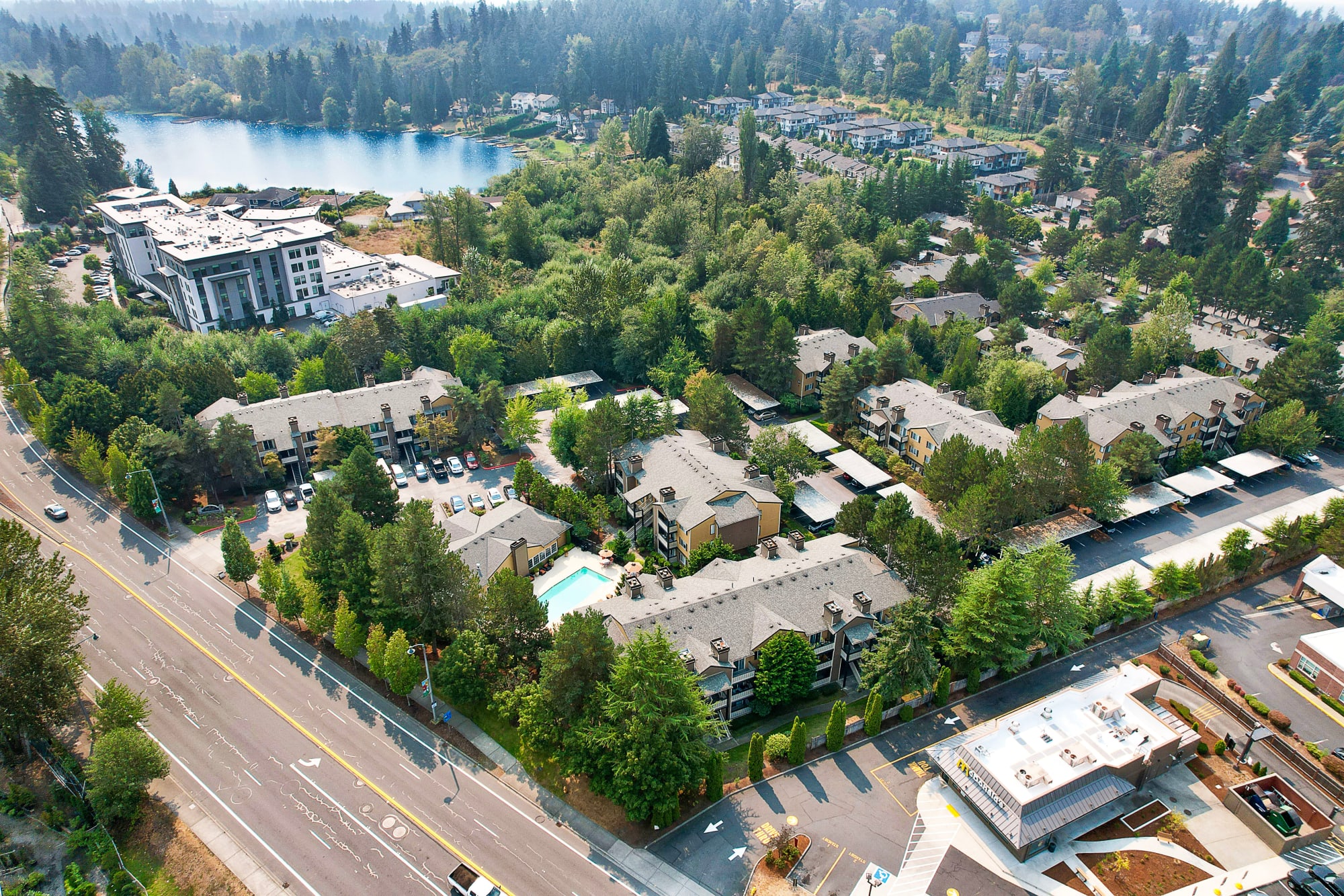 Aerial view of the property and surrounding areas at Newport Crossing Apartments in Newcastle, Washington