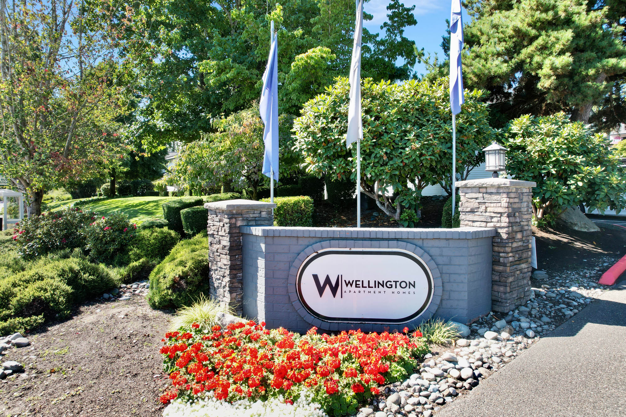 The front monument sign at Wellington Apartment Homes in Silverdale, Washington