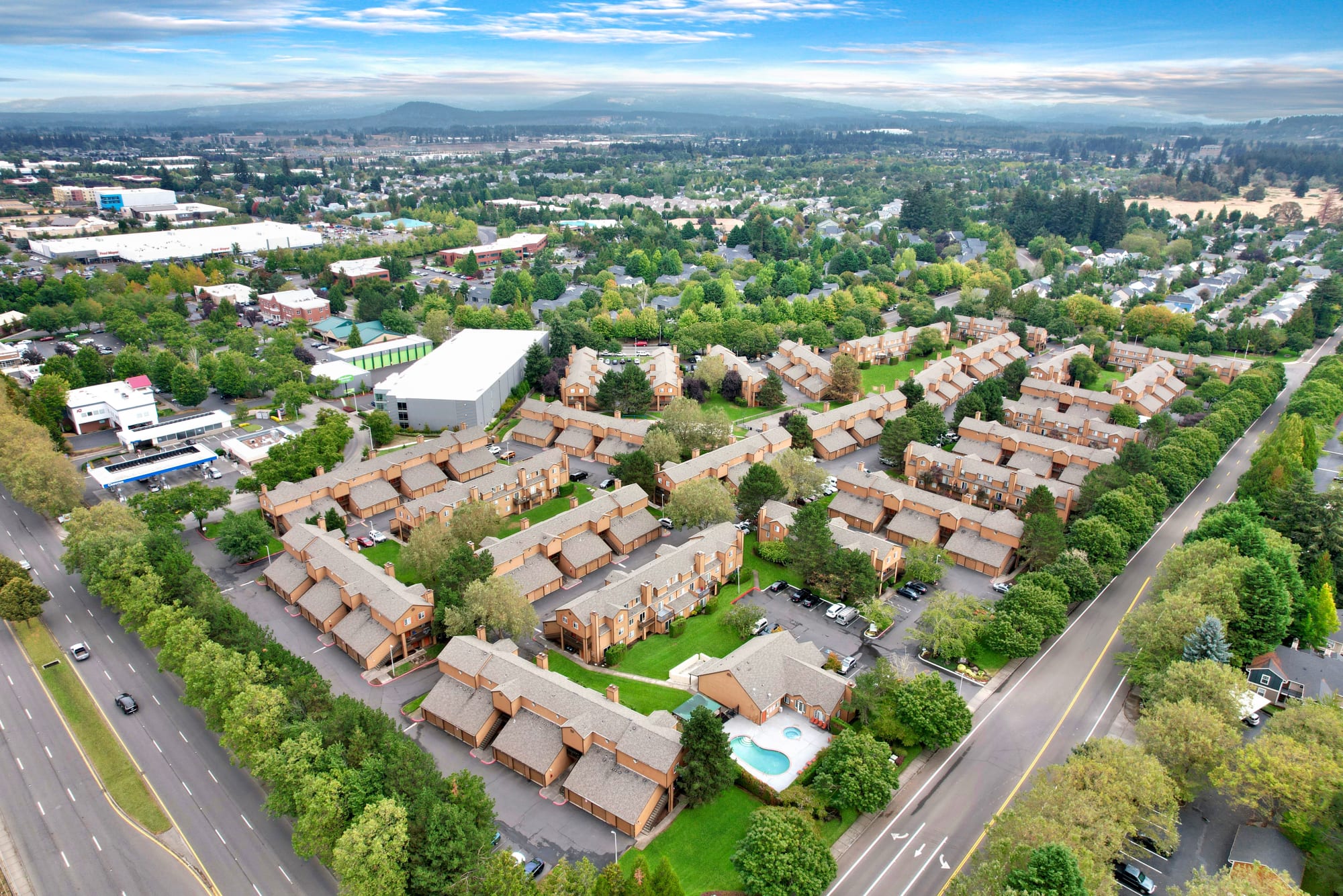 Aerial view of the property and surrounding area at Renaissance at 29th Apartments in Vancouver, Washington