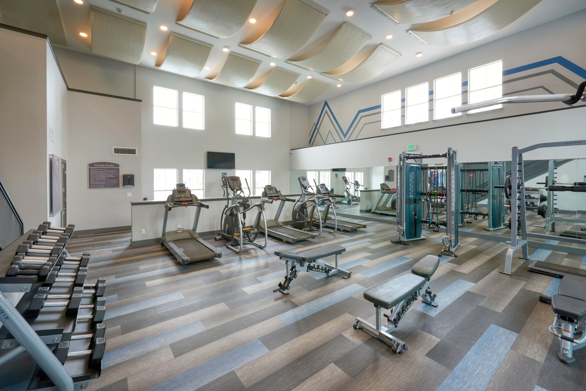The fully-equipped gym at Altitude Westminster in Westminster, Colorado