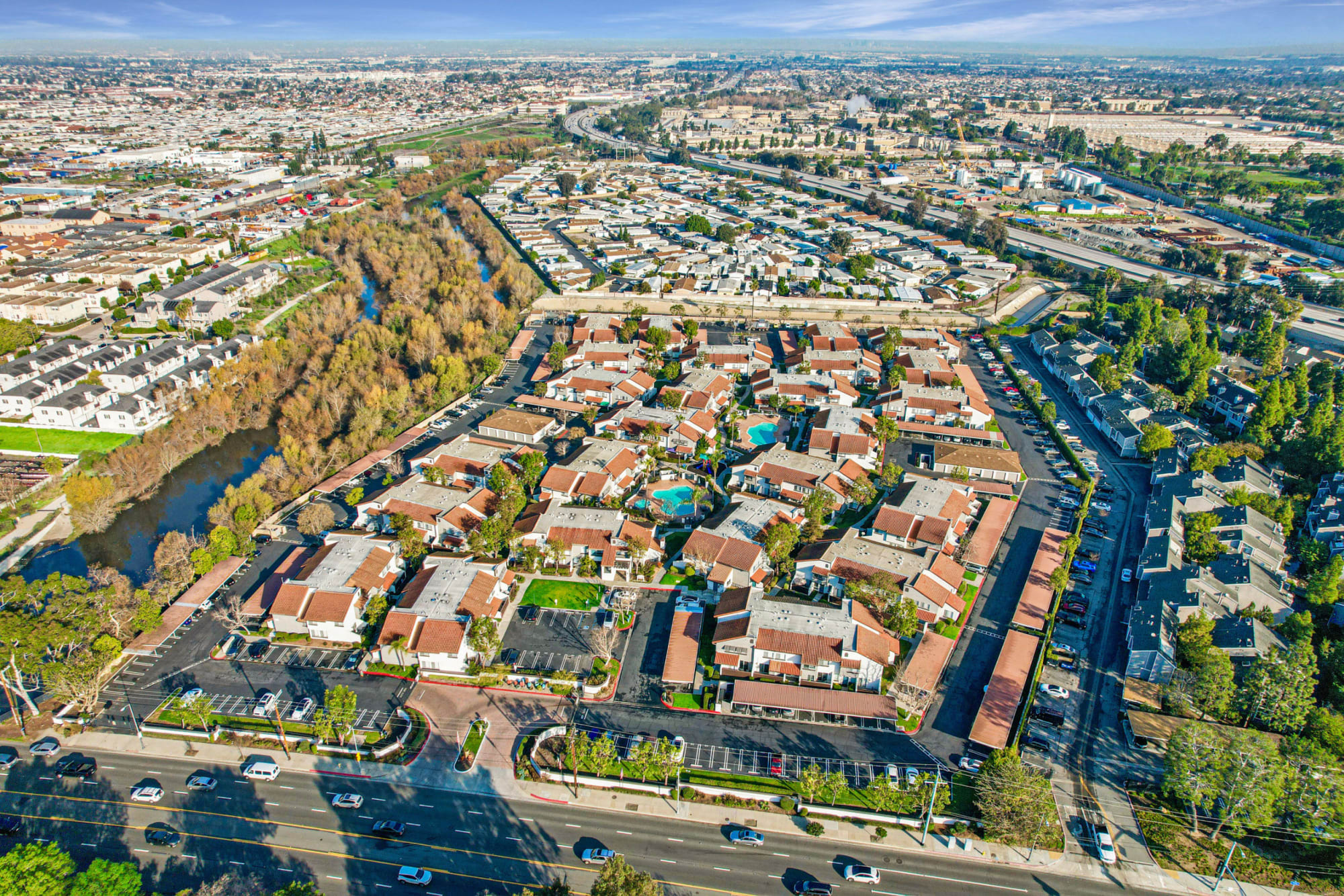 An aerial view of Portofino Townhomes in Wilmington, California