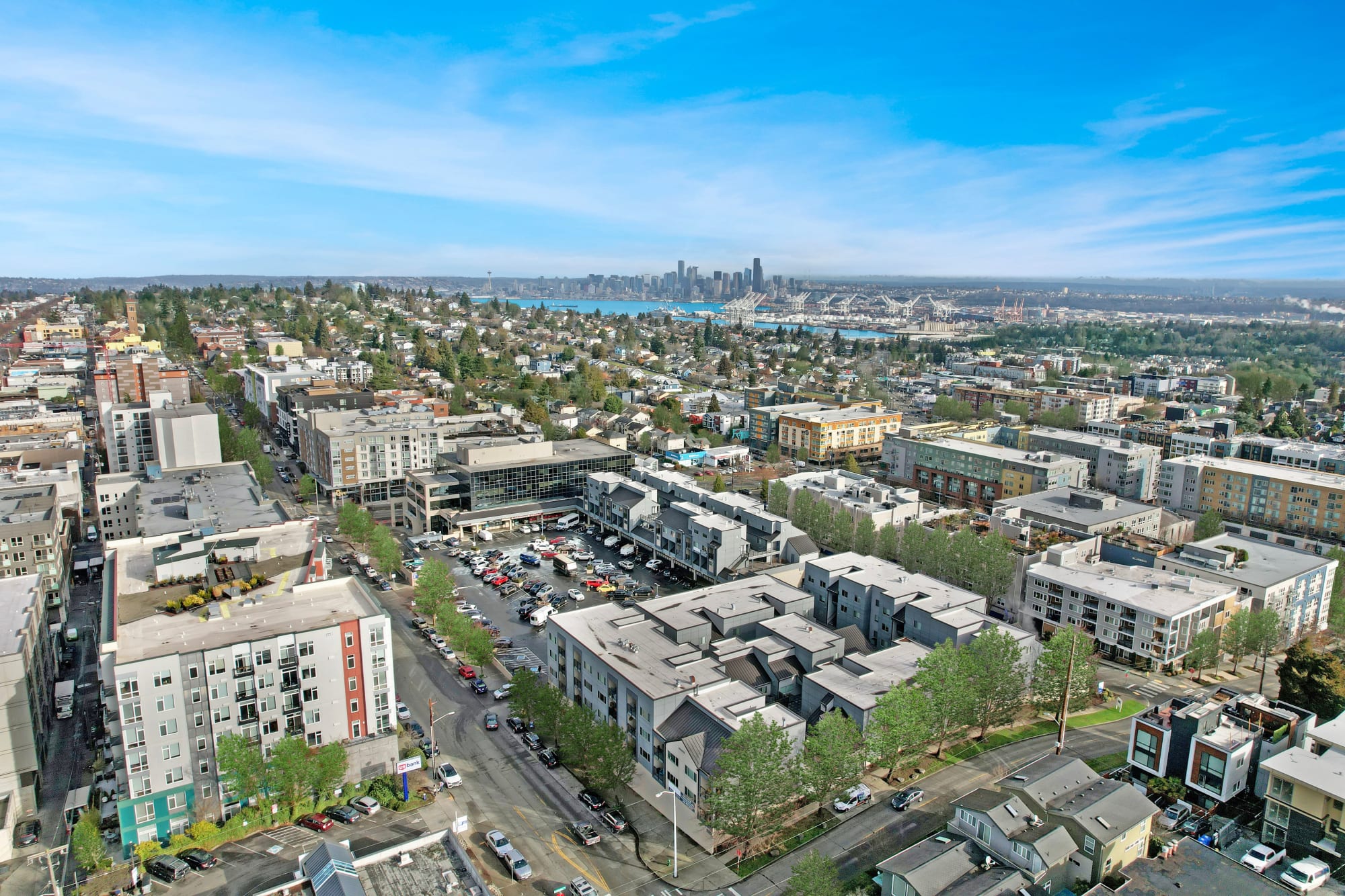 Aerial View of Property and Downtown Seattle at Elan 41 Apartments in Seattle, Washington