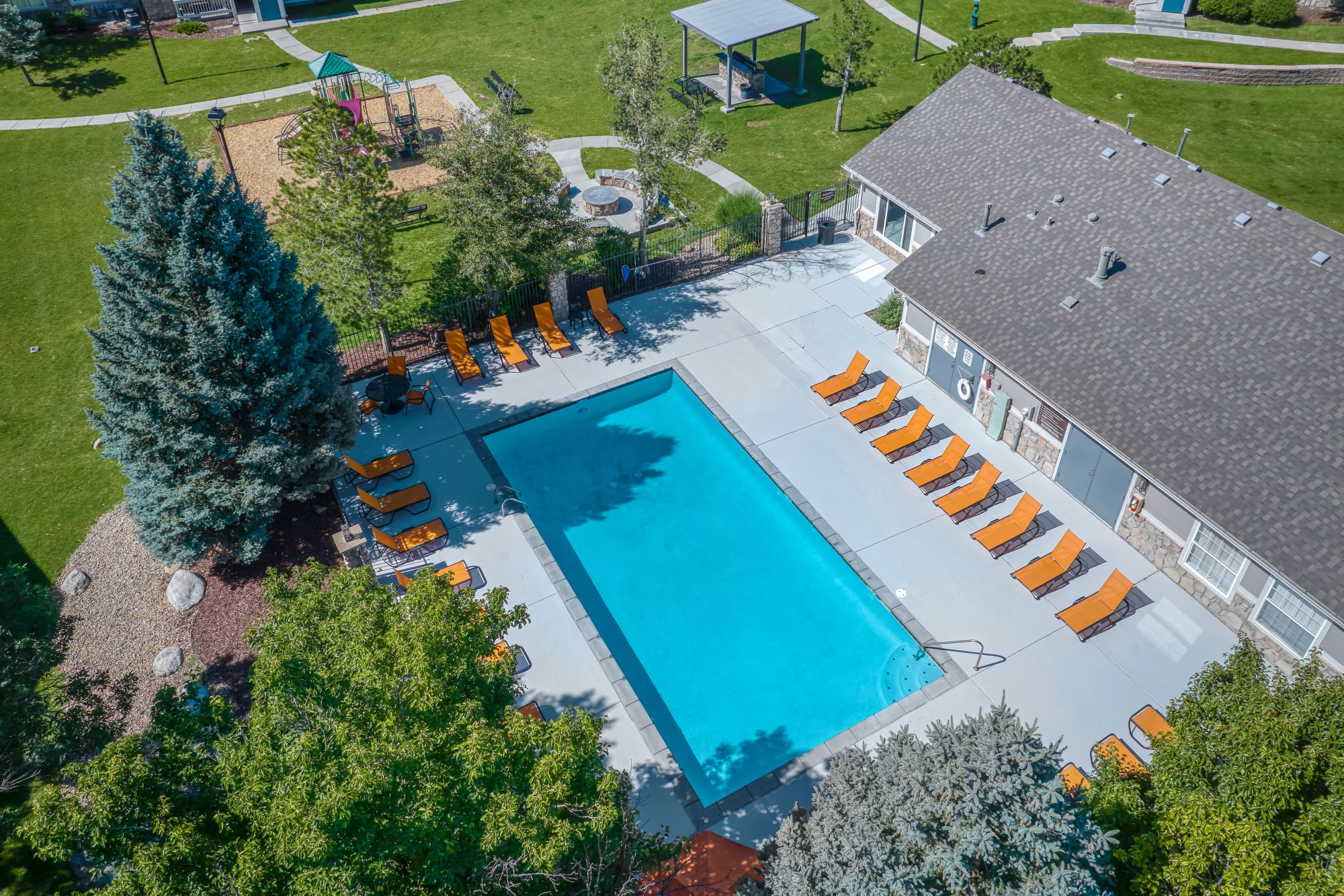 Aerial View of Pool and Fire Pit at Crossroads at City Center Apartments in Aurora, Colorado
