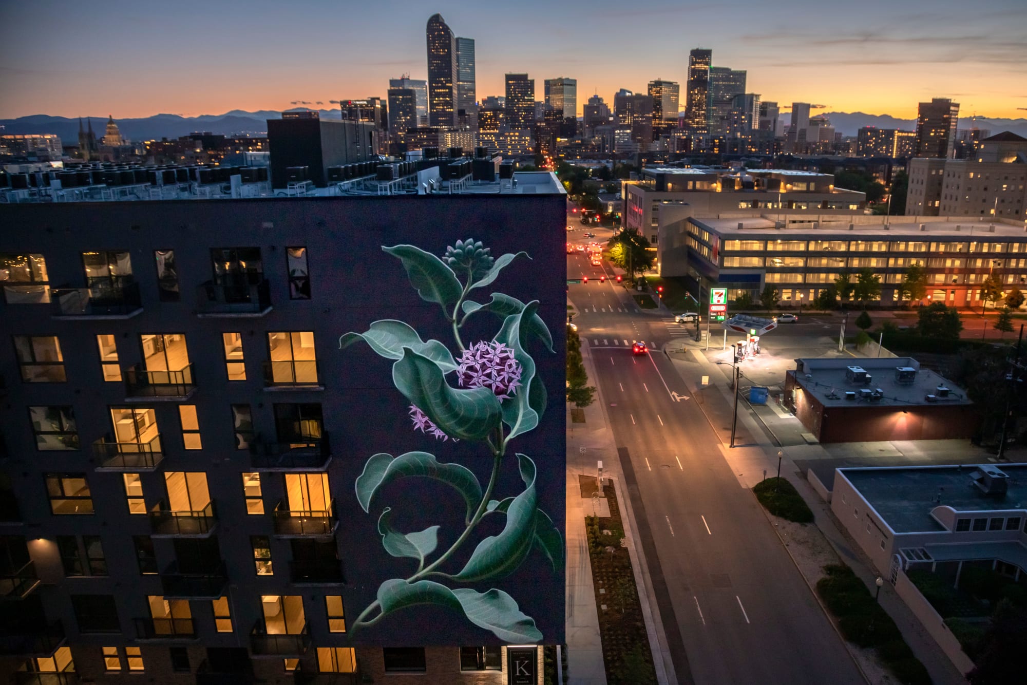 Sunset aerial view of The Kendrick in Denver, Colorado