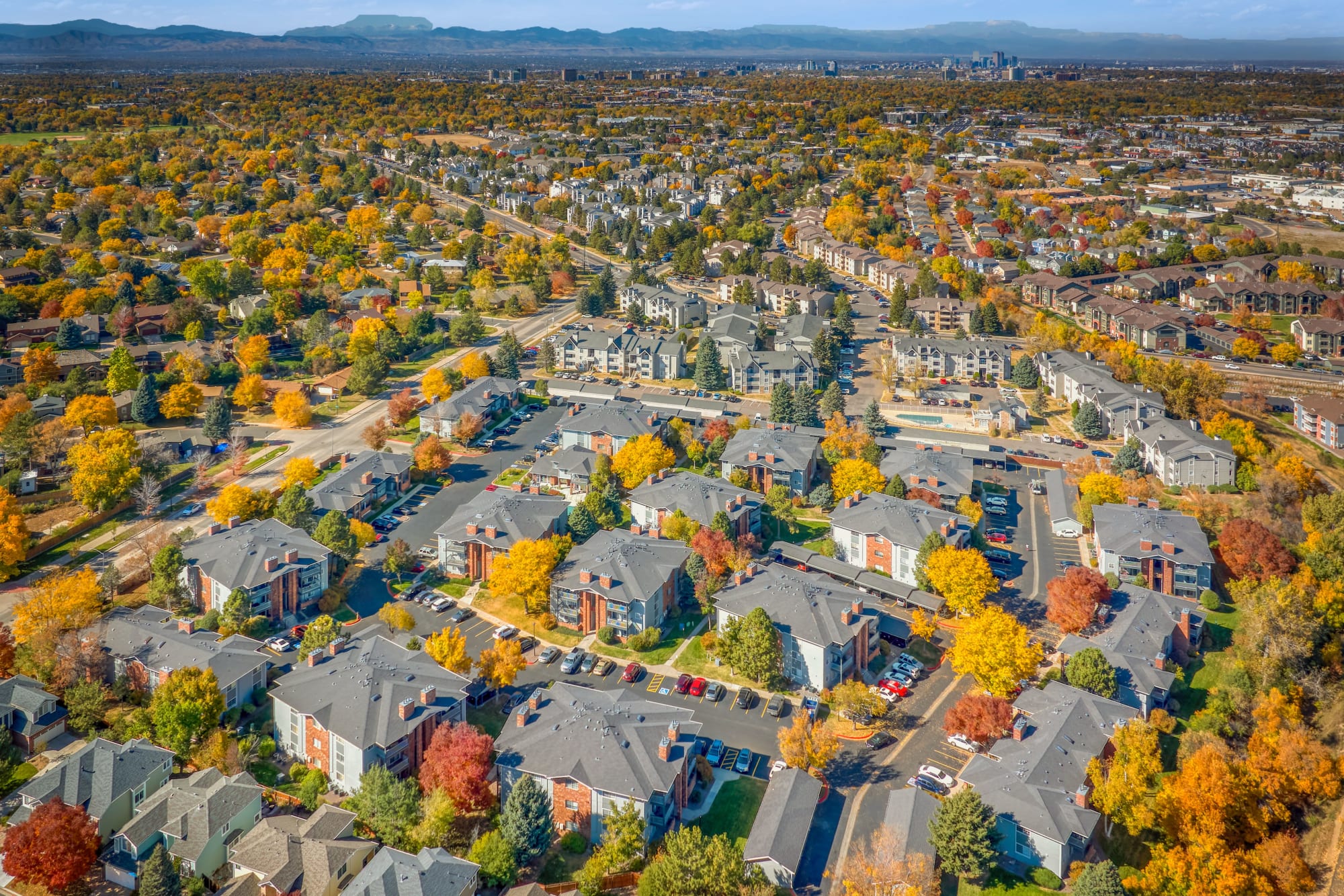 An aerial view of the property and surrounding areas at Arapahoe Club Apartments in Denver, Colorado
