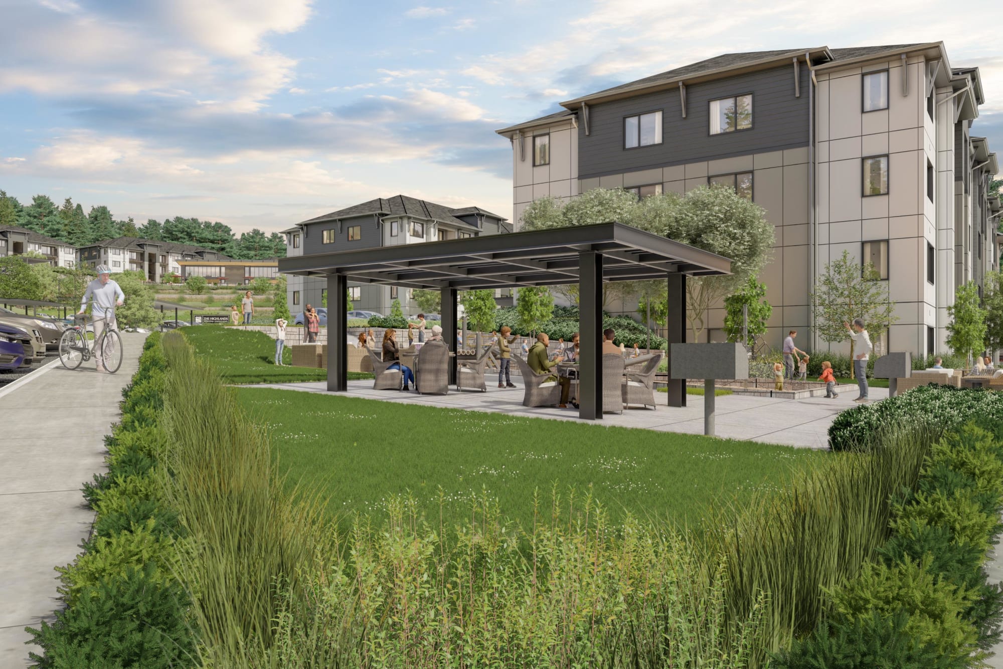 Render of exterior outdoor lounge area of The Highlands at Silverdale in Silverdale, Washington