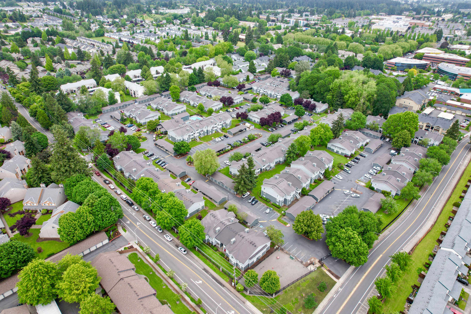 Aerial view of the property and surrounding area at Walnut Grove Landing Apartments in Vancouver, Washington