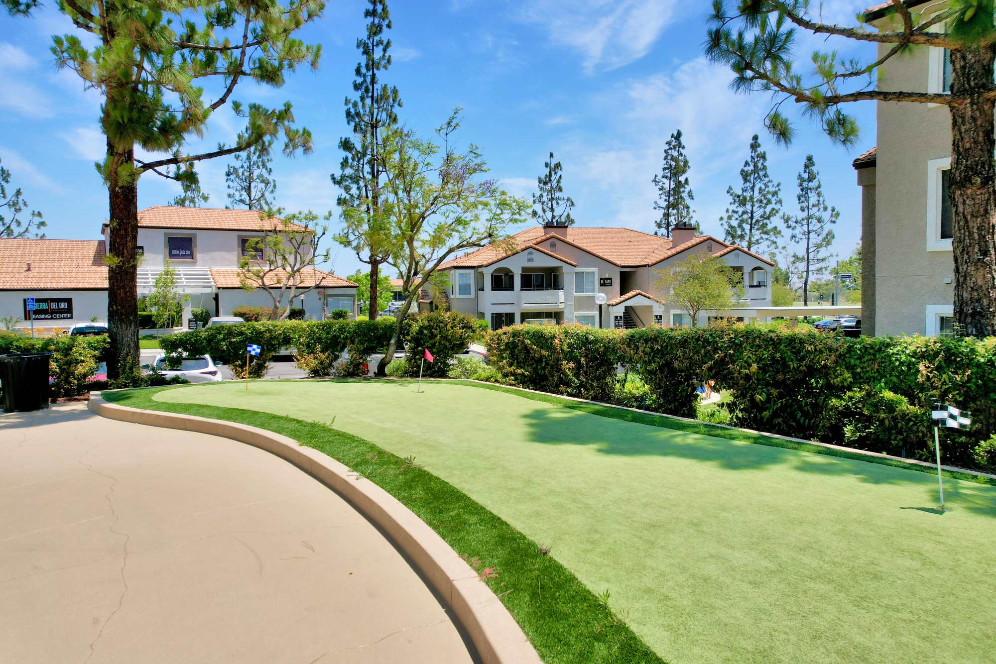 Putting green area at Sierra Del Oro Apartments in Corona, California