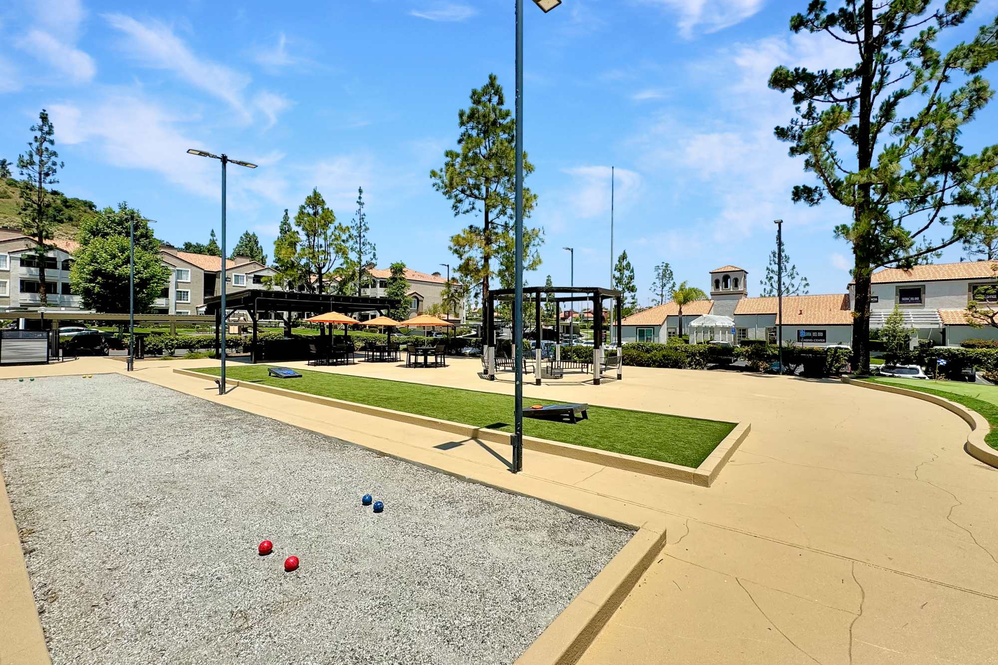Bocce ball court at Sierra Del Oro Apartments in Corona, California