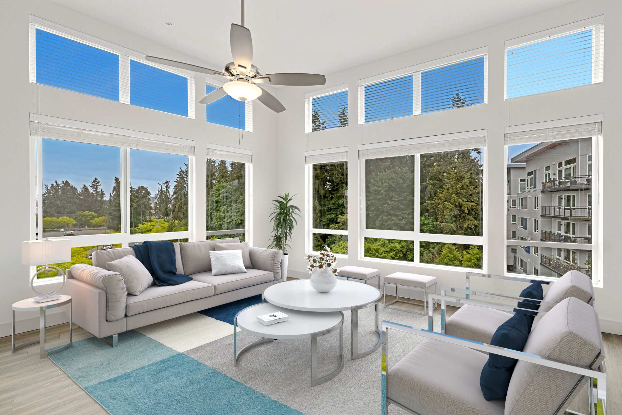 Living room with beautiful view of surrounding area at Radiate in Redmond, Washington